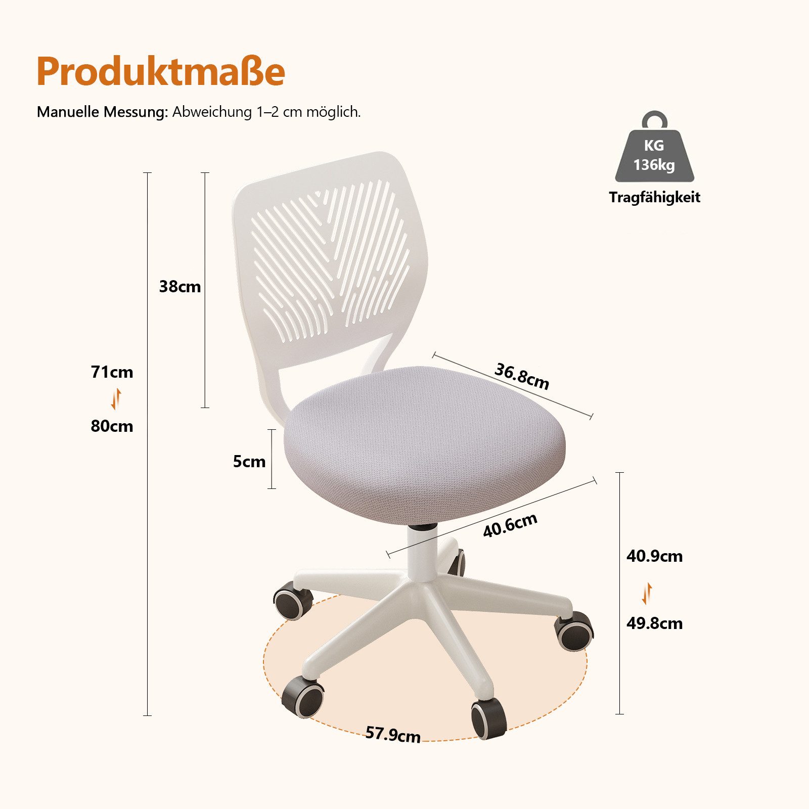 HDHNBA Drehstuhl höhenverstellbarer Rollhocker mit Rückenlehne, armlehnloser Bürostuhl (1 St), Ergonomischer kleiner Schreibtischstuhl für Home-Office – Bild 2 von 5