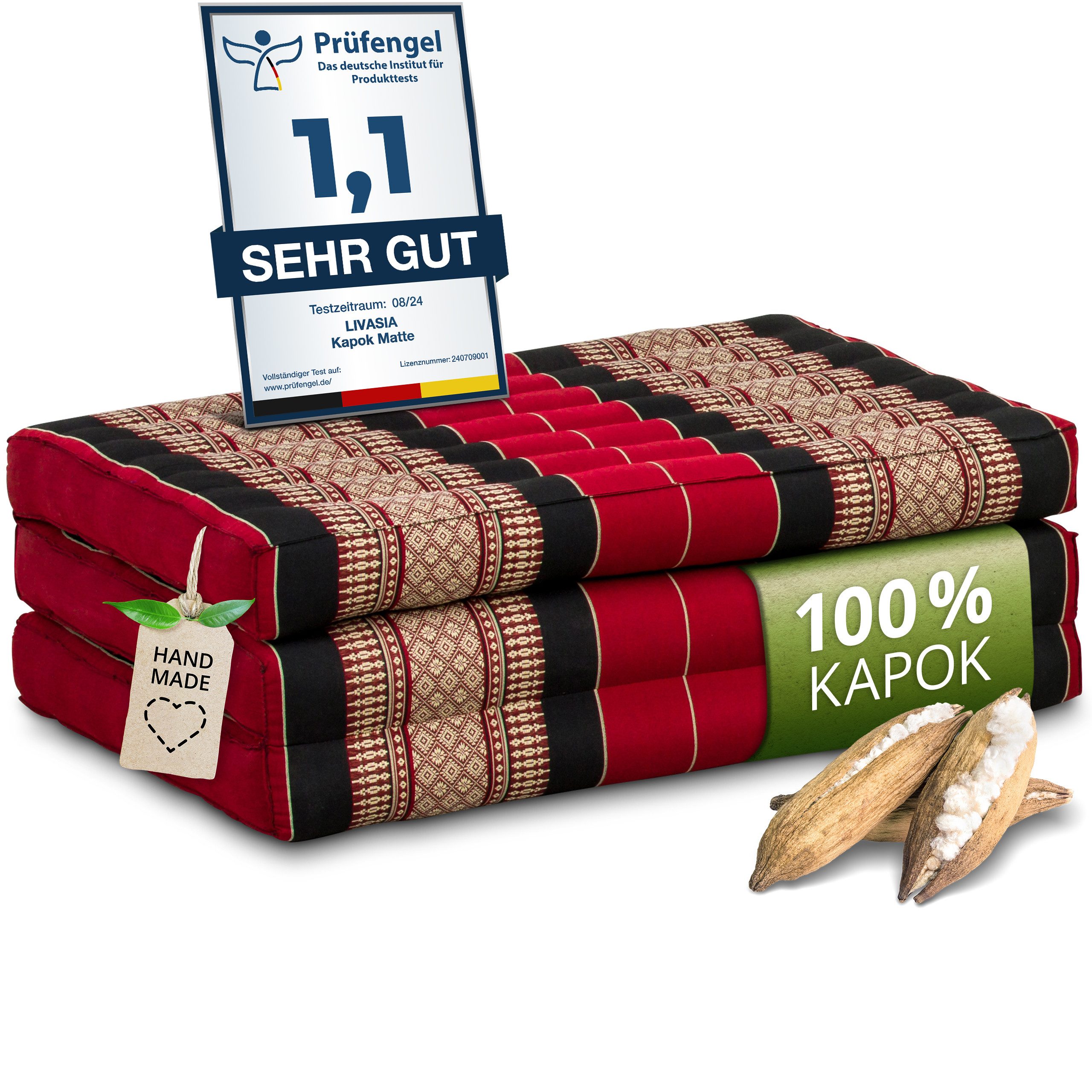 Kindermatratze Klappmatratze 70 cm breit - 140x70x8cm - Faltmatratze für Kinder, livasia, 8 cm hoch, Kapok, vegan, handgefertigt