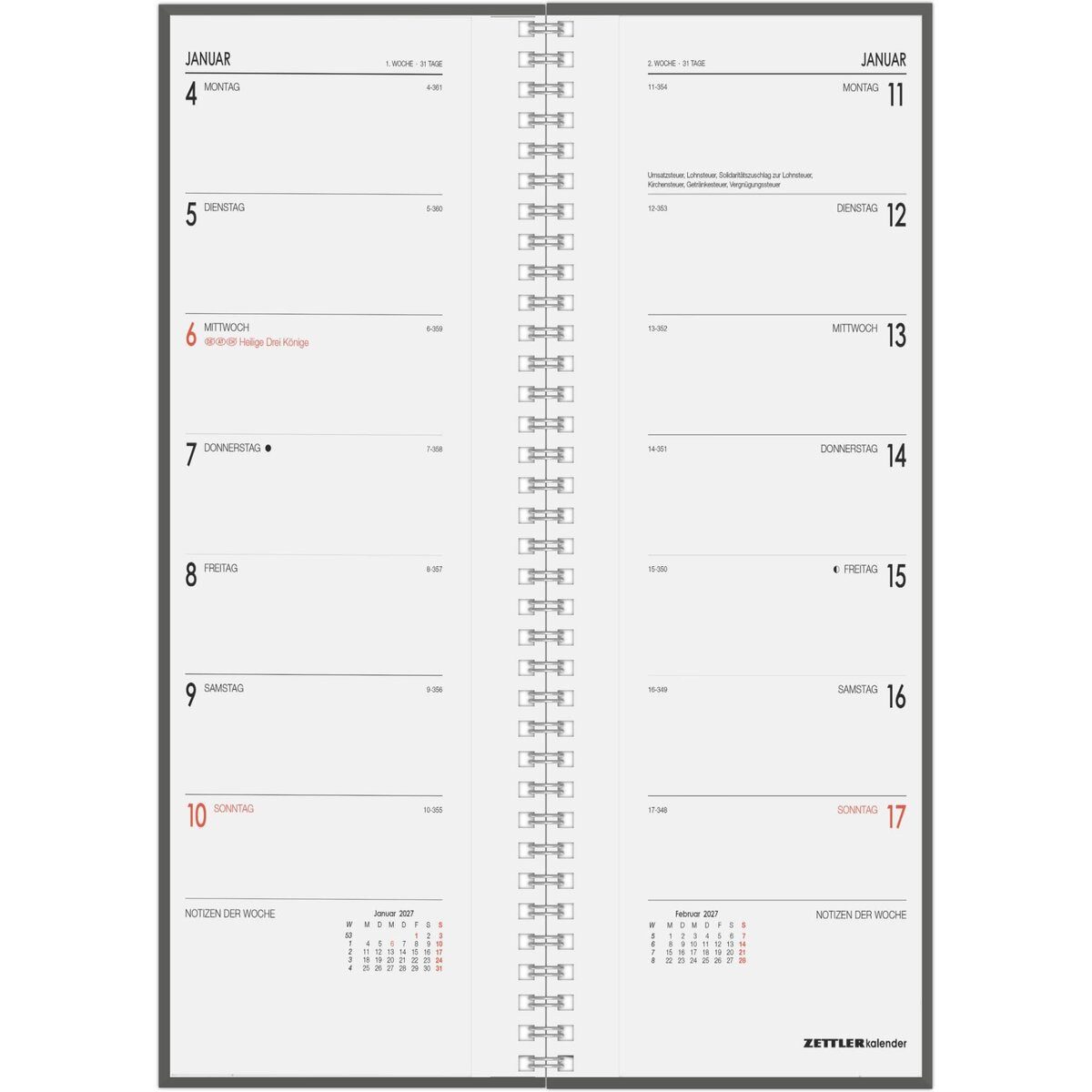 ZETTLER Buchkalender Vormerkbuch 718 10,5x29,7cm 1 Woche/1 Seite schwarz 2027