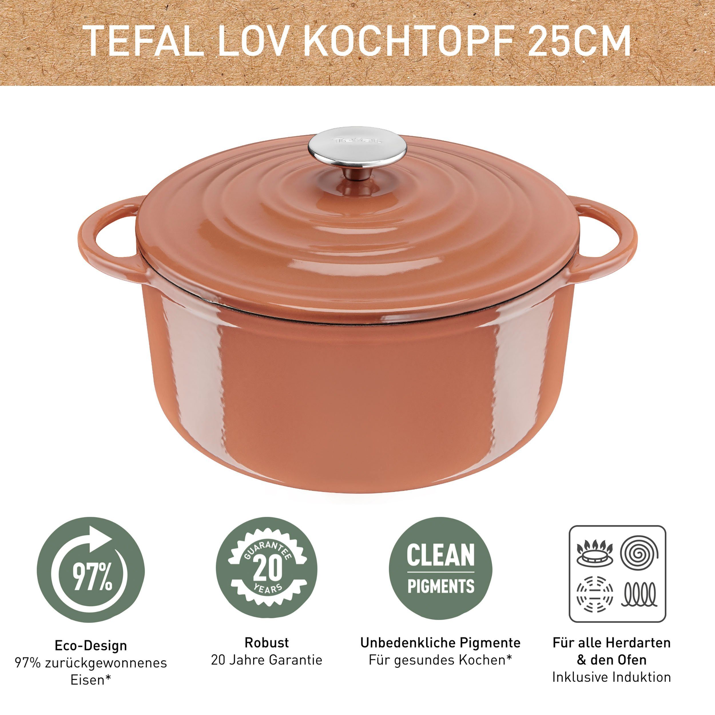 Tefal terrakotta (1-tlg), unbedenkliche umweltfreundlich, Pigmente,Schongaren, Kochtopf Ø25 Induktion LOV, cm, Gusseisen