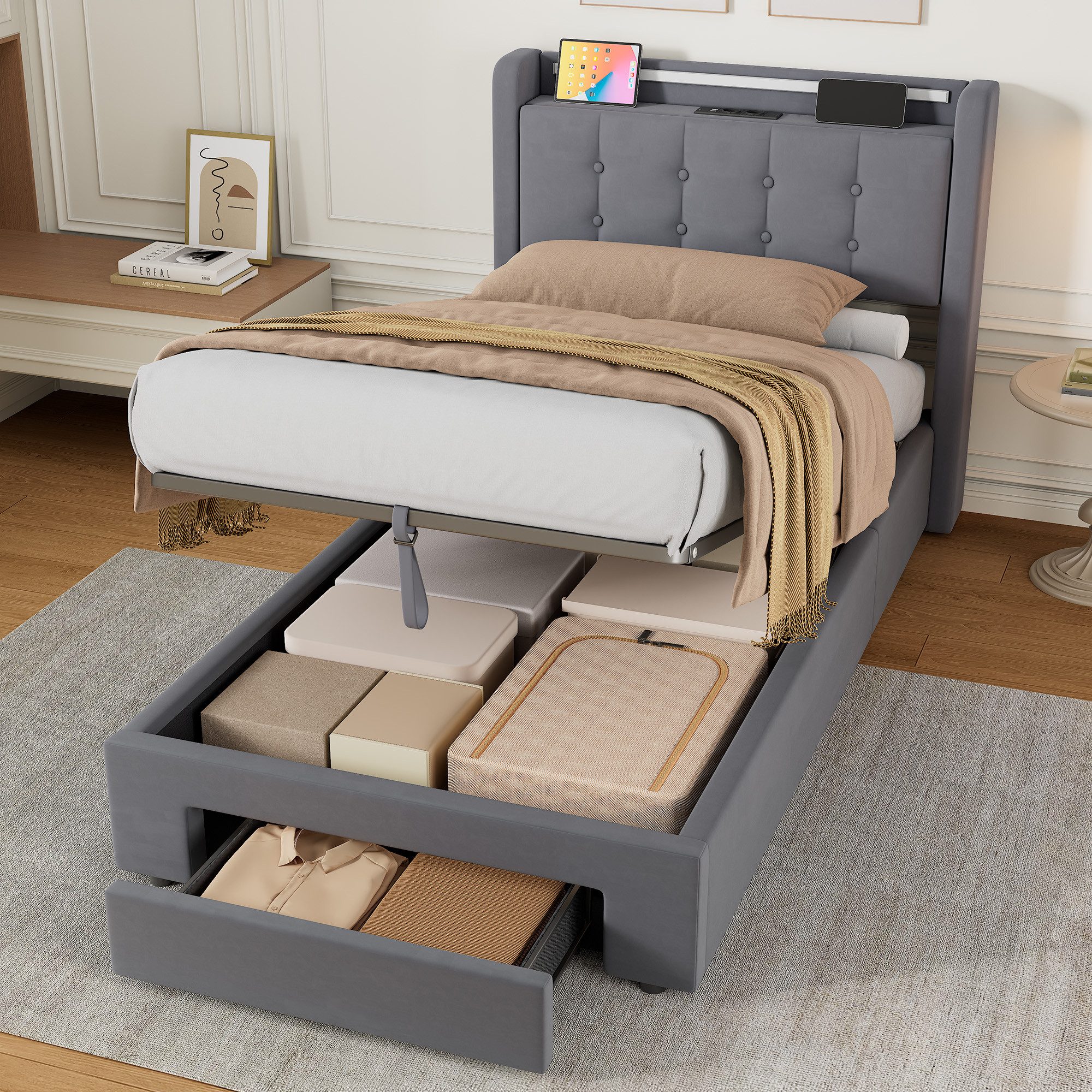HAUSS SPOLE Polsterbett Stauraumbett mit Bettkasten,Einzelbett- oder Doppelbett erhältlich (90×200 Bettgestell Komfort-Einzelbett Schlafzimmerbett aus Samt, stabile Stahl-Holz-Konstruktion für hohen Schlafkomfort), Bettrahmen ohne Matratze
