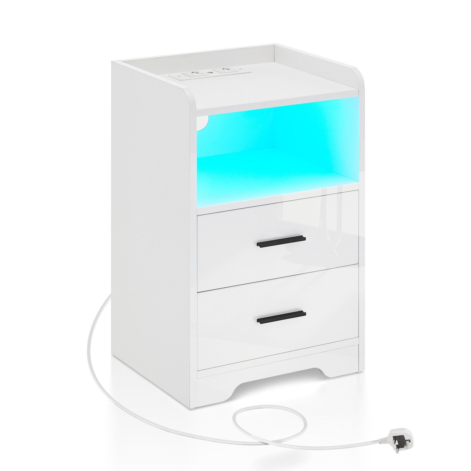 Ofcasa Nachtkommode 38,6x35x65cm Nachttisch (1 Nachtkonsole), 2 Schubladen-Nachtschrank mit Verstellbarem LED Licht & USB-Anschluss