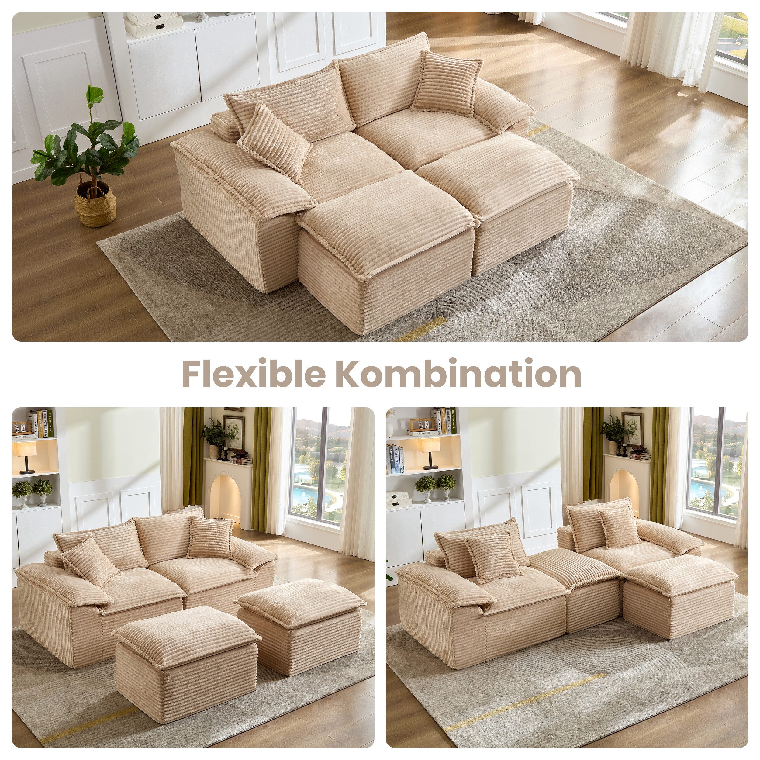 Sinaopus Schlafsofa Modulares Schlafsofa, 2-Sitzer Wohnzimmer Sofa mit Kissen, Bodensofa Cord Couch mit Hocker, Armlehne und Memory-Schaum