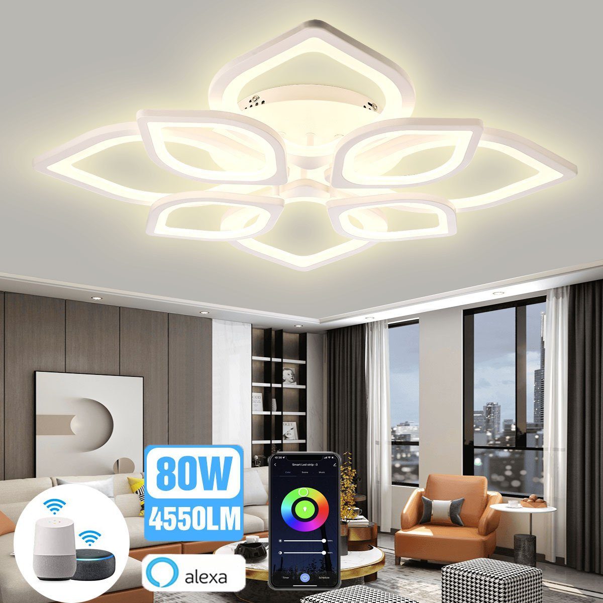 LETGOSPT Deckenleuchte Modern LED Deckenleuchte 80W Dimmbar mit APP und  WIFI-steuerung 4550LM, LED Deckenleuchte für Alexa und Google-Assistant,  für Wohnzimmer, Küche
