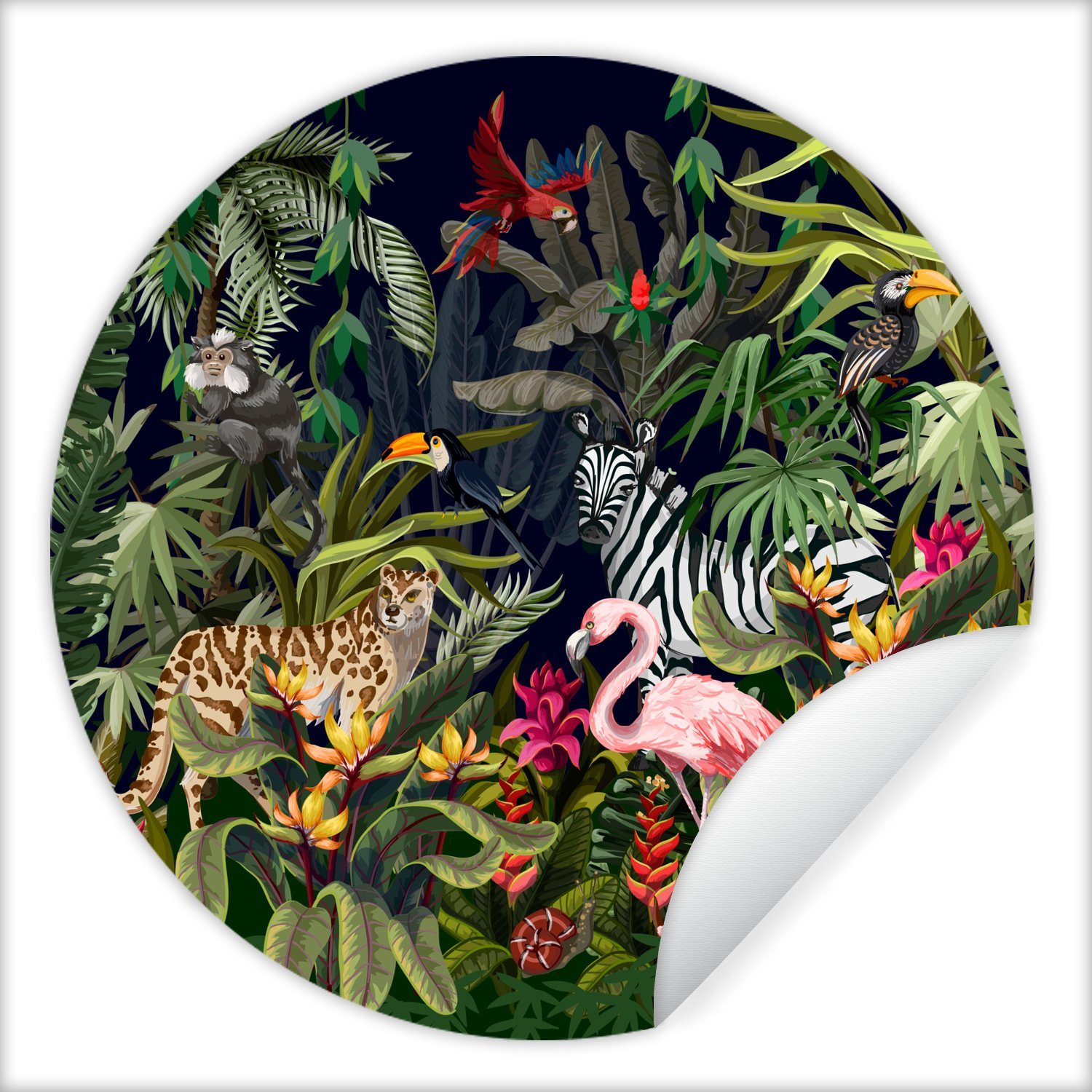 MuchoWow Wandsticker Dschungeltiere - Natur - Jungen - Mädchen - Flamingo - Zebra (1 St), Tapetenkreis für Kinderzimmer, Tapetenaufkleber, Rund, Wohnzimmer