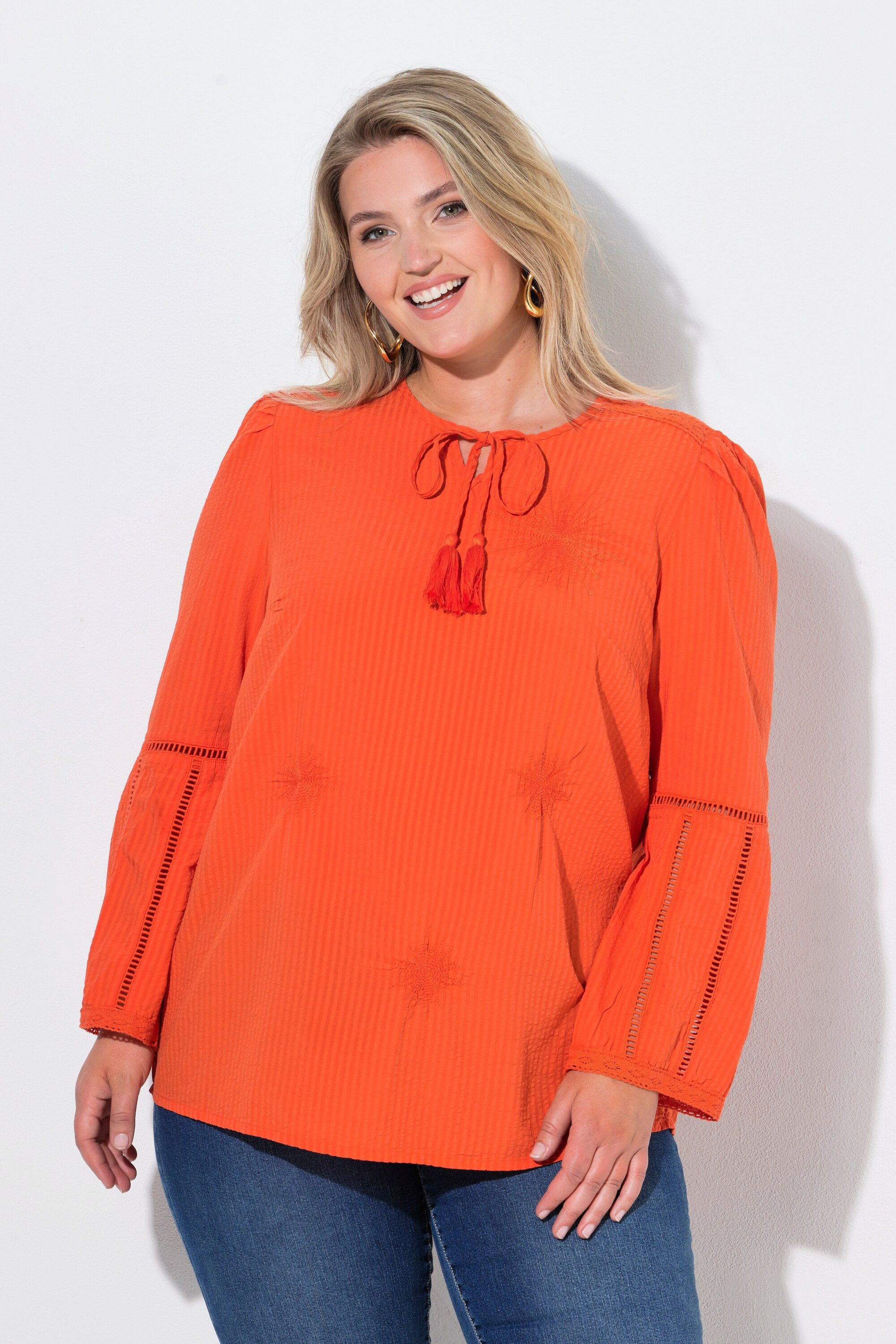 Longbluse Bluse A-Linie Pailletten-Stickerei Langarm