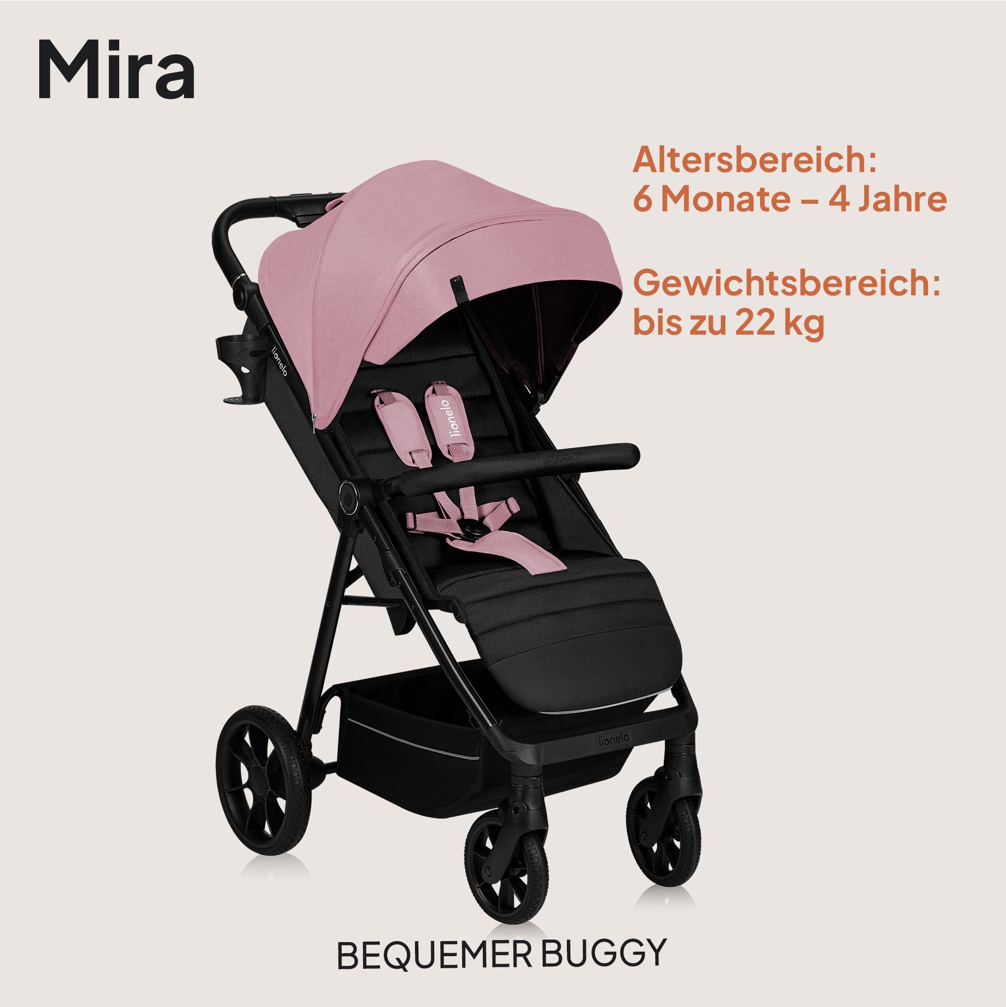 lionelo Kinder-Buggy MIRA, (Set mit Getränkehalter und Moskitonetz), XXL-Verdeck/UPF50+/92 cm Liegefläche/großer Korb/PU-Räder