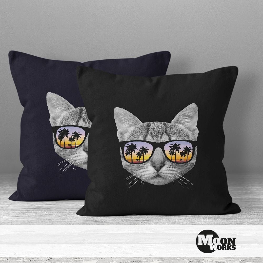 MoonWorks Dekokissen Kissenbezug Katze mit Sonnenbrille Kissen-Hülle 40x40 Baumwolle