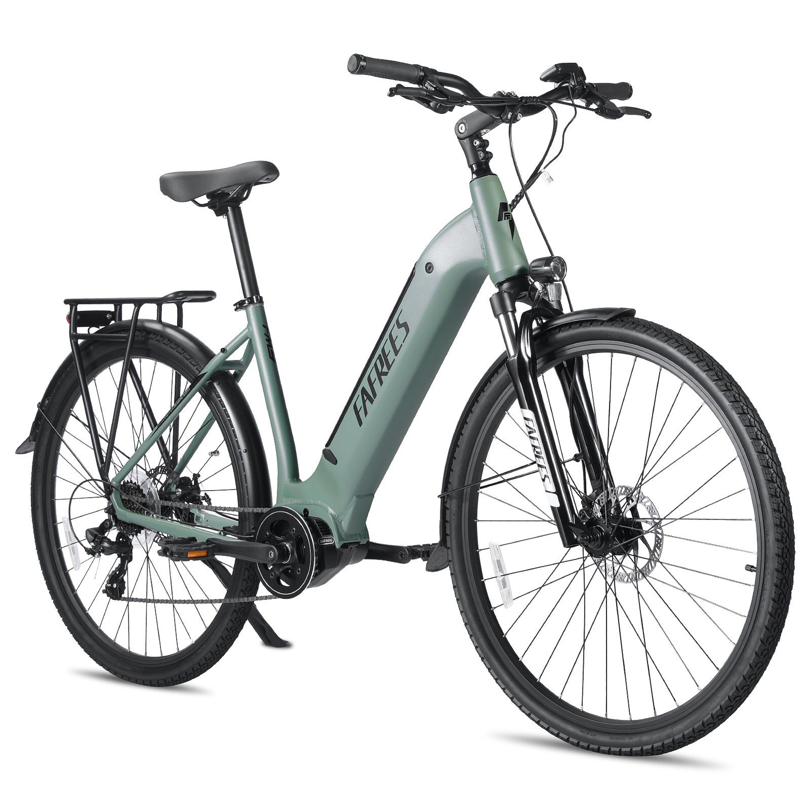 fafrees E-Bike FM9, Cityfahrrad aus Aluminium, mit LCD-Display, Ladezeit 6 Std., 7 Gang, (Packung, mit Akku-Schlüssel), 15 Ah Akku, Max. 25km/h, bis 150kg, hydraulische Federgabel, IP65 Grün