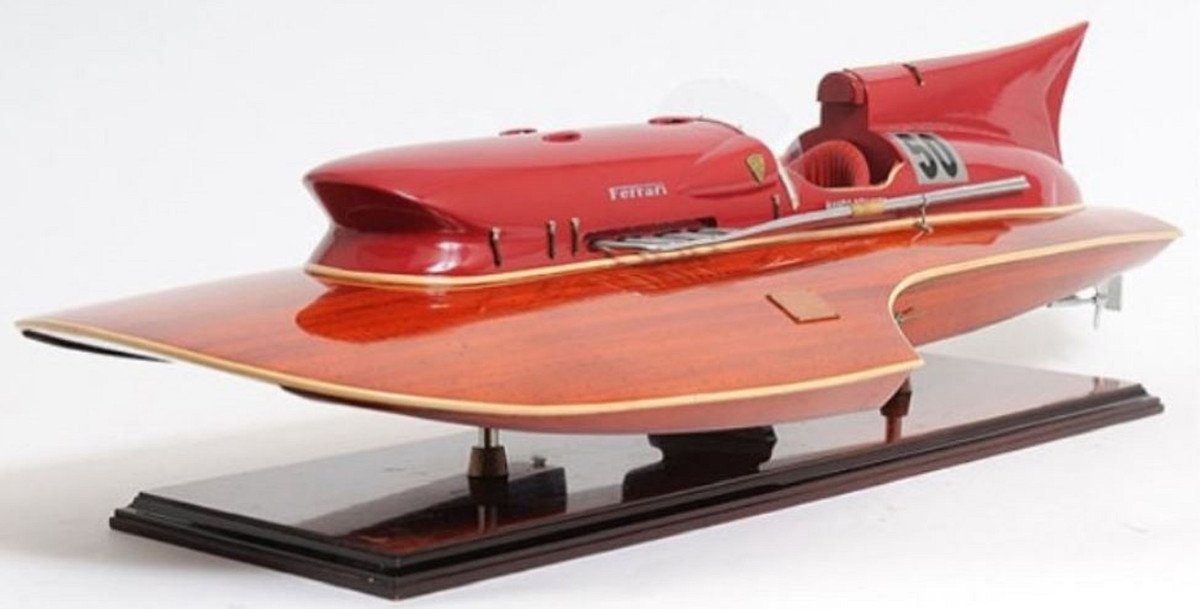 Casa Padrino Dekoobjekt Luxus Holz Speedboot Ferrari Hydroplane Braun / Rot  83 x 34 x H. 23 cm - Handgefertigtes Deko Modellboot Boot