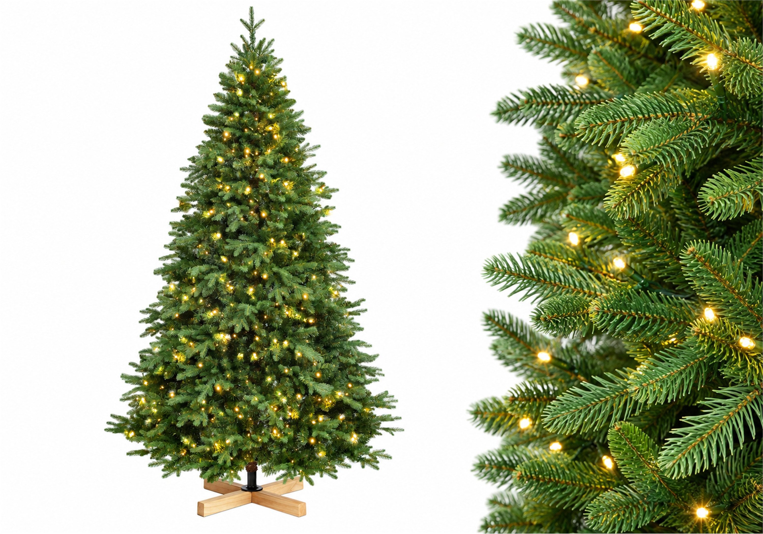 Vankel Künstlicher Weihnachtsbaum mit Beleuchtung, Holzständer, Tannenbaum in Grün, Weihnachtsdekoration, Formbare Zweige und Steckaufbau für Ihre Weihnachtsdekoration