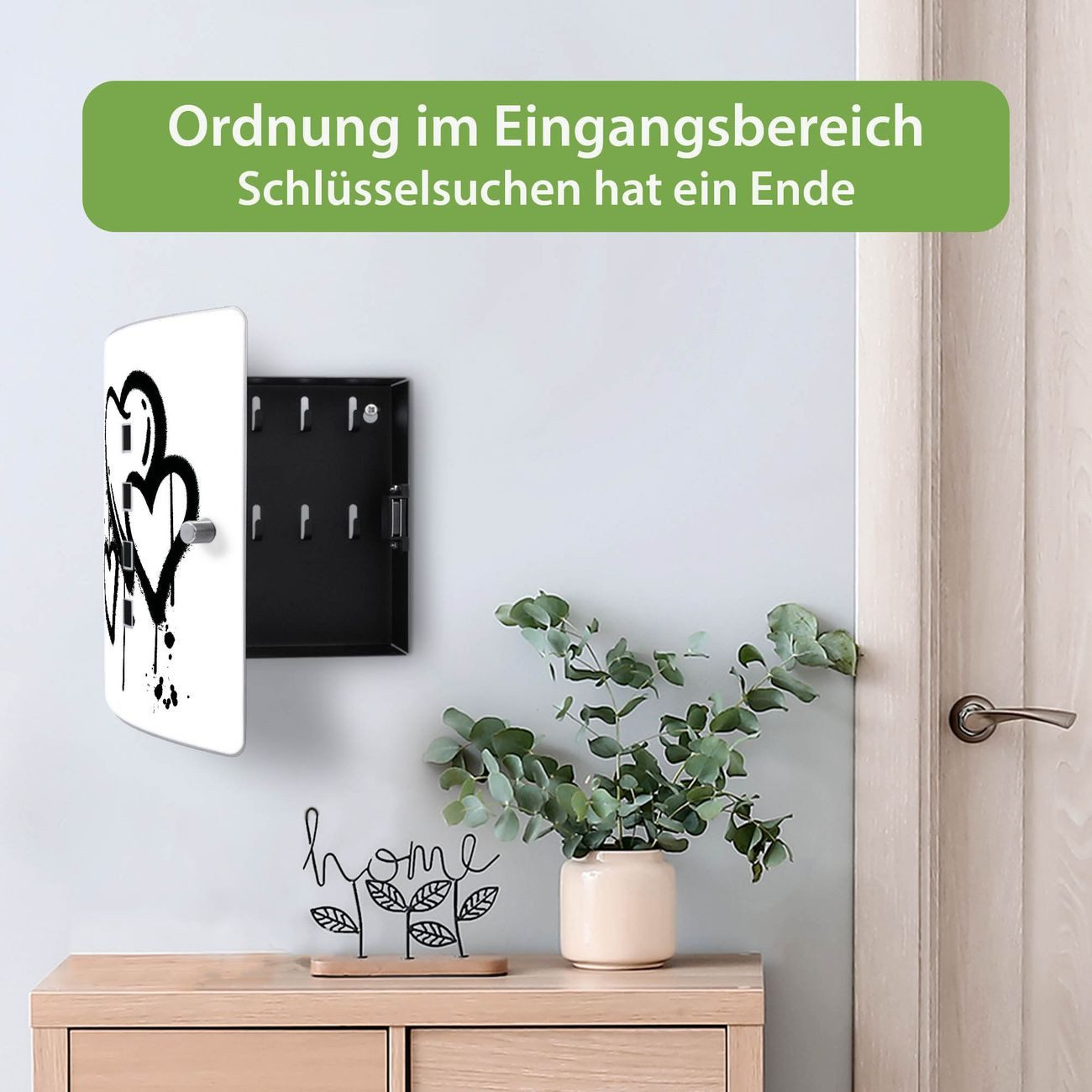 banjado Schlüsselkasten Edelstahl mit Motiv Herzen Graffiti (verstellbarer Magnetverschluss, mit 10 Haken, gebogene Tür, einstellbarer Magnet), 24 x 21,5 x 7 cm