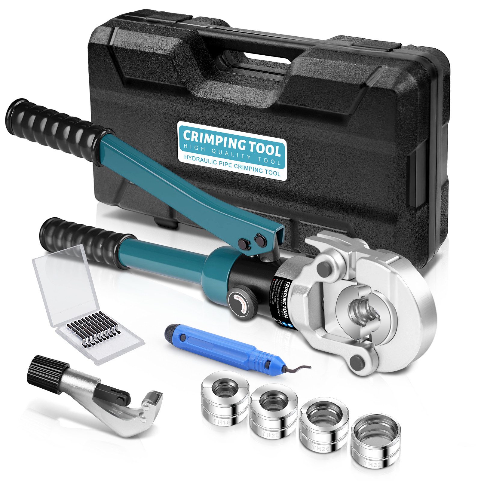 XERSEK Handpresse Hydraulische Presszange TH-Kontur Rohrpresszange Crimpzange, Presswerkzeug Handpresszange TH16 TH20 TH26 TH32, Backeneinsätze mit Rohrabschneider, für Kupferrohr Und Verbundrohr
