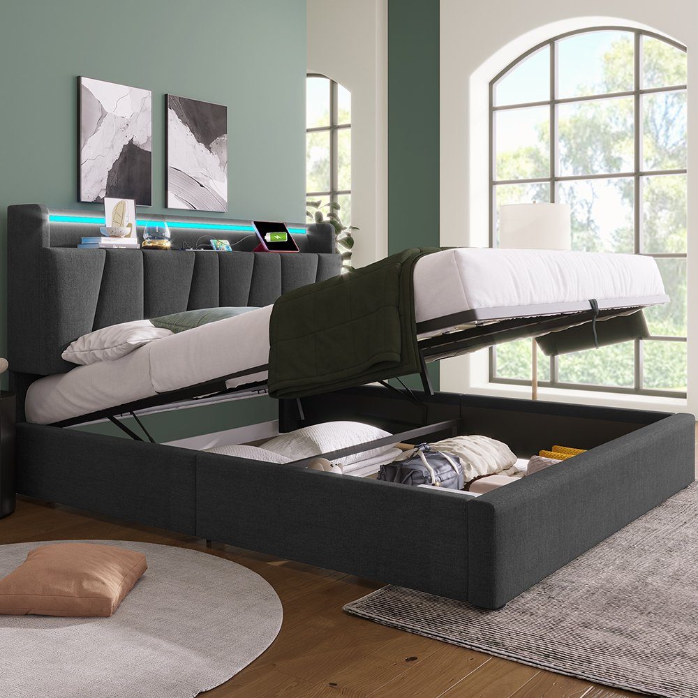 Polsterbett (140 x 200 cm Hydraulisches Bett mit Lattenrost), Dopplebett mit LED-Beleuchtung, USB Ladefunktion & Stauraumkopfteil
