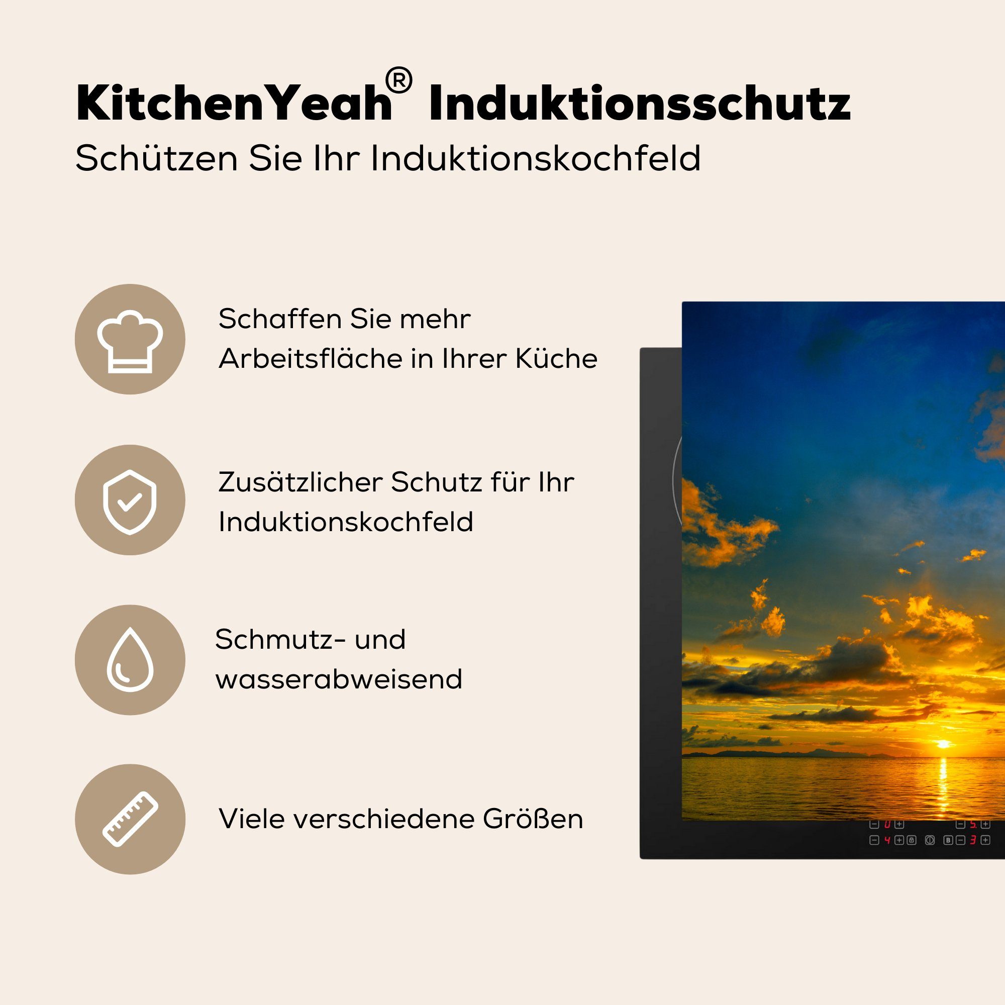 Oranger 78x78 cm, Herdblende-/Abdeckplatte MuchoWow blauem Himmel, mit tlg), Sonnenuntergang Vinyl, Ceranfeldabdeckung, (1 Arbeitsplatte für küche