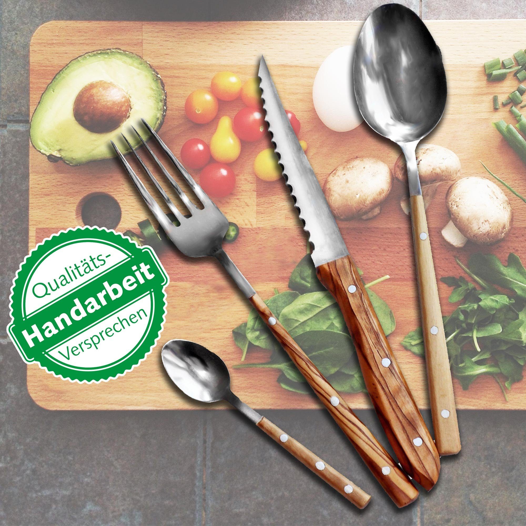 NATUREHOME Besteck-Set Tafelbesteck Sets aus Edelstahl mit Olivenholzgriff (4-tlg), 6 Personen, Olivenholz/Edelstahl, Nachhaltig, Handarbeit, Design