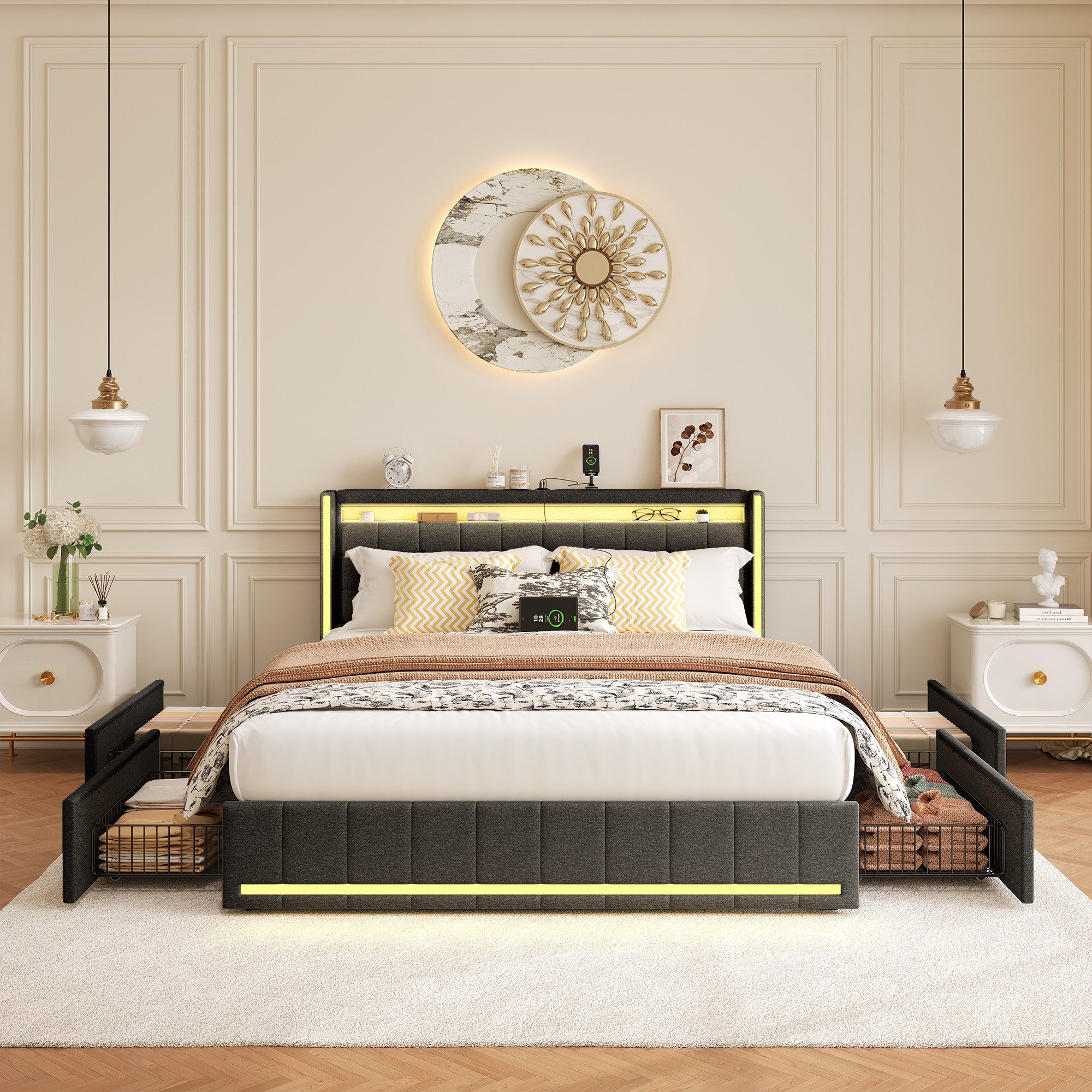 PXloue Polsterbett LED Doppelbett 140x200cm mit Ladefunktion und 4 Schublad günstig online kaufen