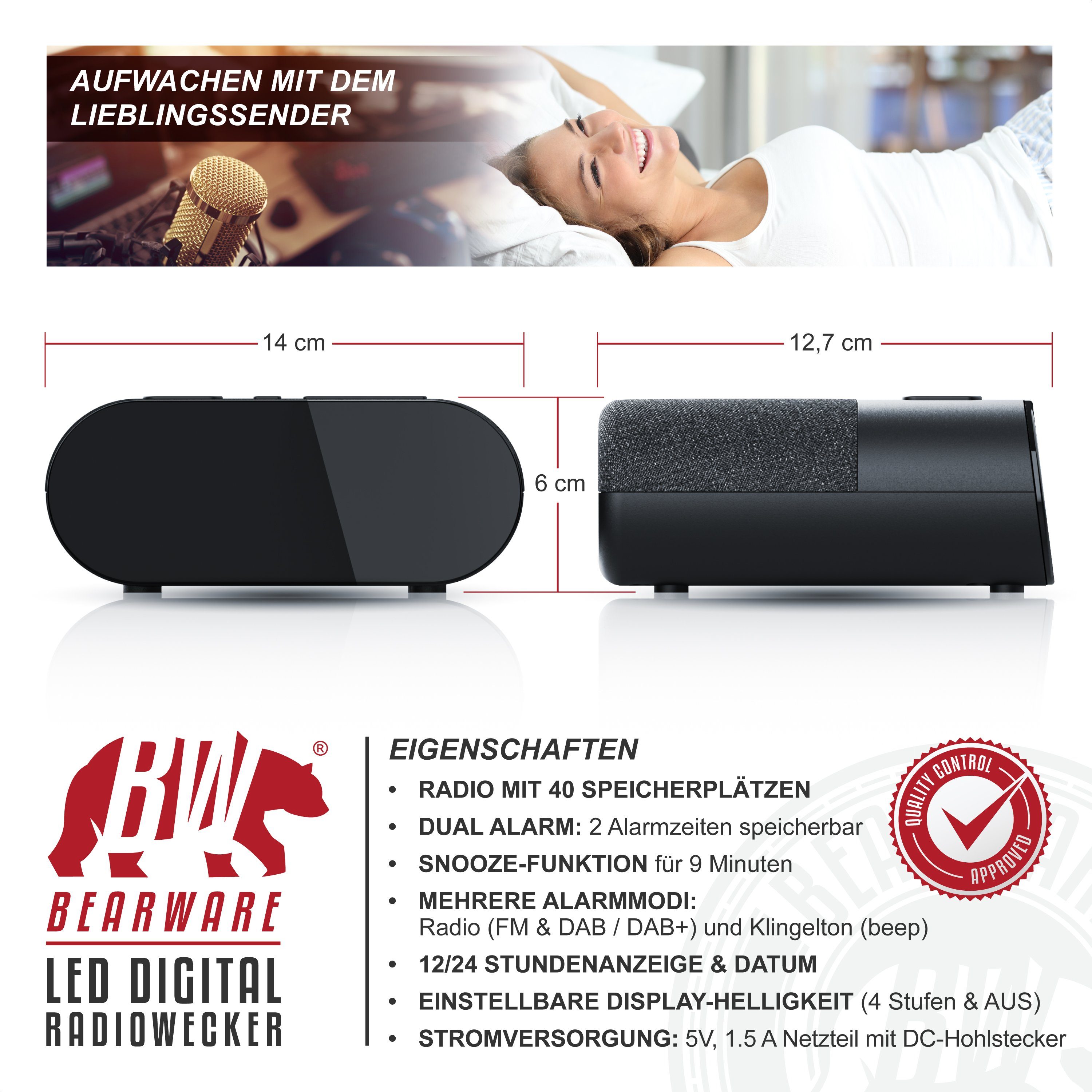 BEARWARE Radiowecker Küchenradio digital, FM, DAB+ Radio, Wecker, Dual Alarm Snooze, 4 Helligkeitsstufen, USB Ladeport, Abschalttimer