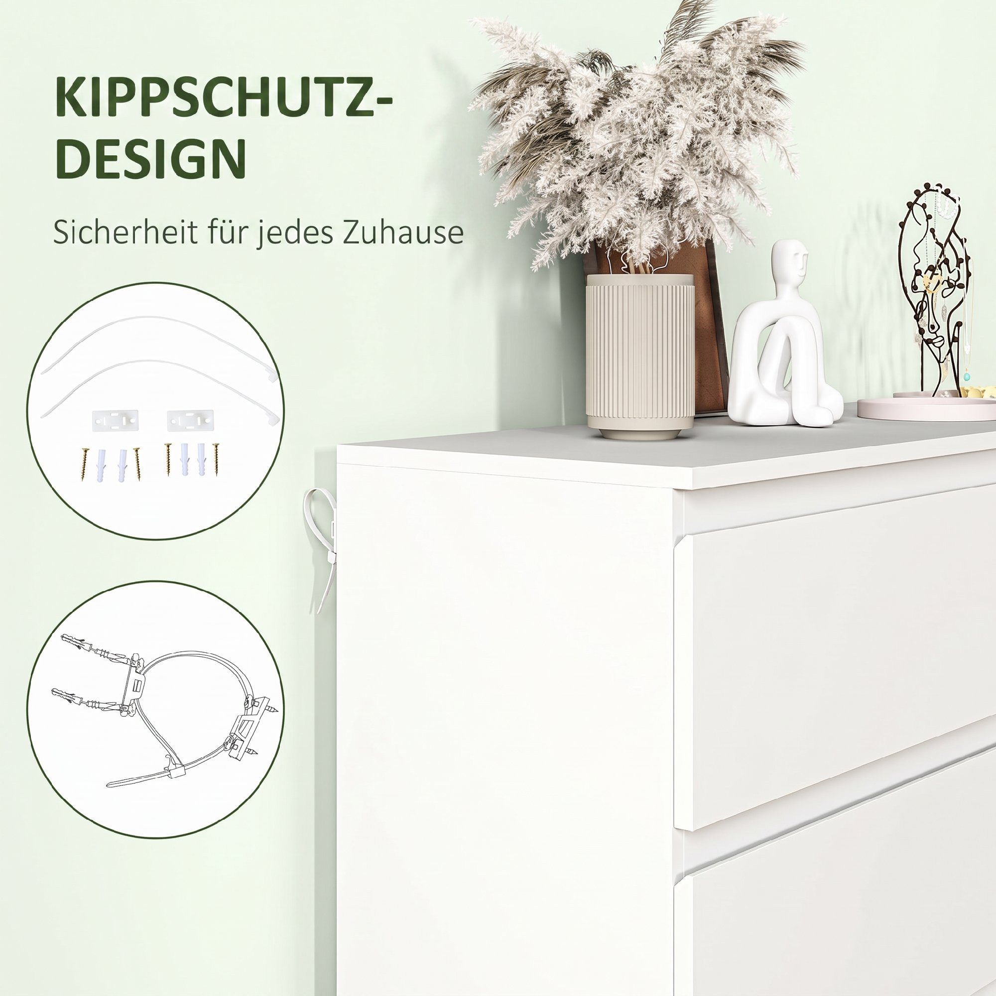 HOMCOM Kommode Sideboard mit 6 Schubladen (Schubladenschrank, 1 St., Schrank modern), für Wohnzimmer Schlafzimmer Flur Weiß, 112 x 34 x 75 cm – Bild 5 von 5