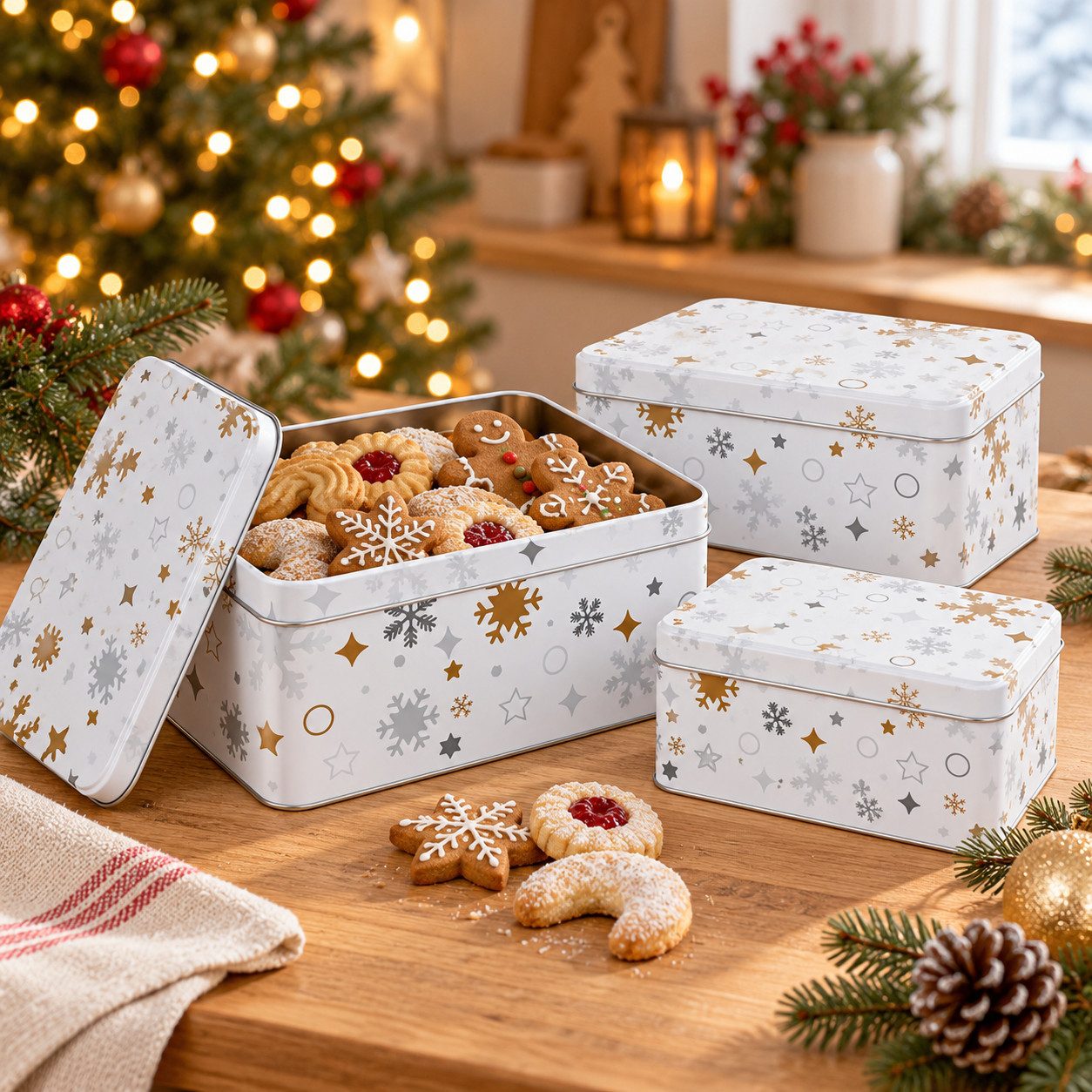Rungassi Keksdose Weihnachts-Keksdosen Plätzchendosen 3er Set rechteckig Farbe: weiß, Weißblech