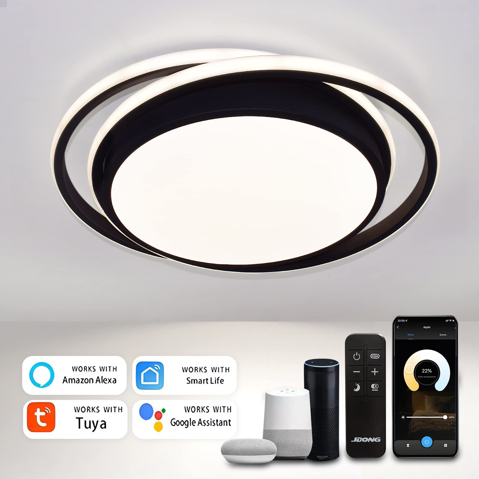 JDONG LED Runde Google 36W Warmweiß, Deckenleuchte mit Fernbedienung Alexa Home 40CM, Neutralweiß, mit Kaltweiß, Kompatibel Dimmbar LED Deckenlampe integriert, fest Tageslichtweiß, Schwarz