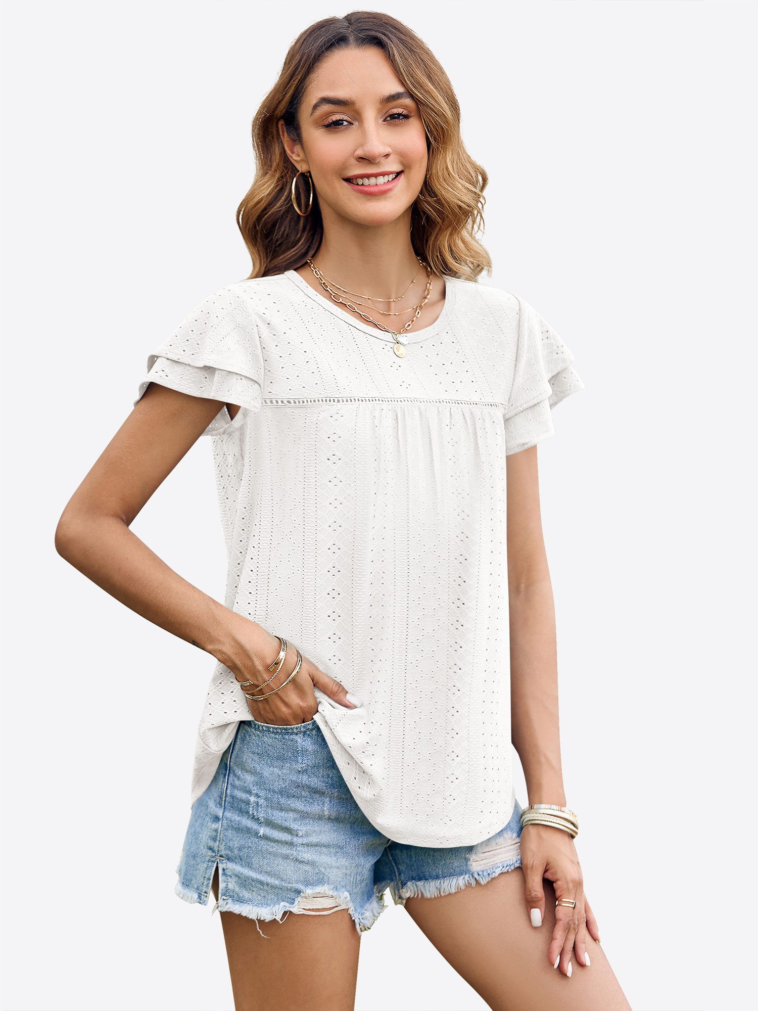 Imily Bela T-Shirt Damen mit Lochspitze und Rüschenärmeln Rundhals Sommer A günstig online kaufen