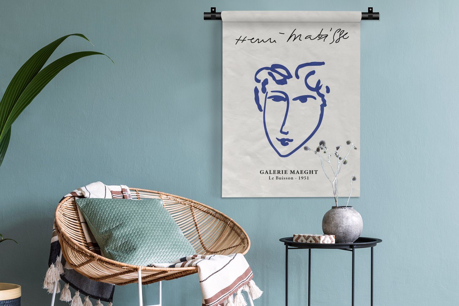 Wanddekoobjekt Porträt für MuchoWow Schlafzimmer Wohnzimmer, Wand, - - der an Matisse Alte Tapisserie, Blau, Henri Meister - Deko