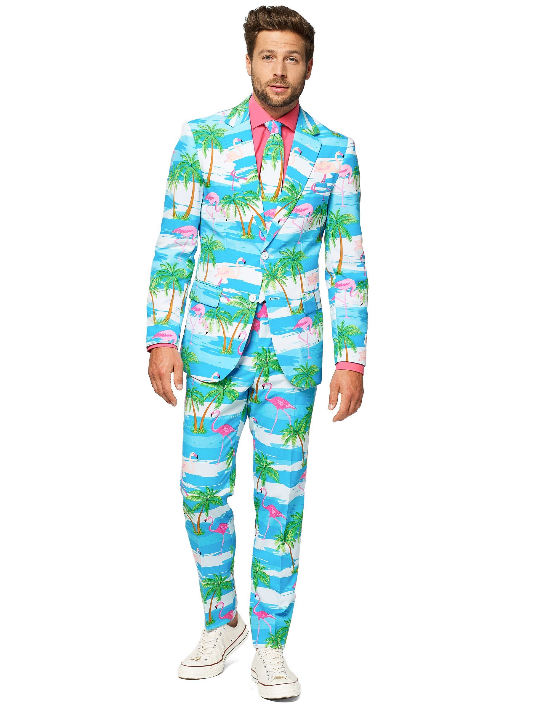 Opposuits Hawaii-Kostüm Opposuits-Herrenanzug Flamingo Karneval hellblau