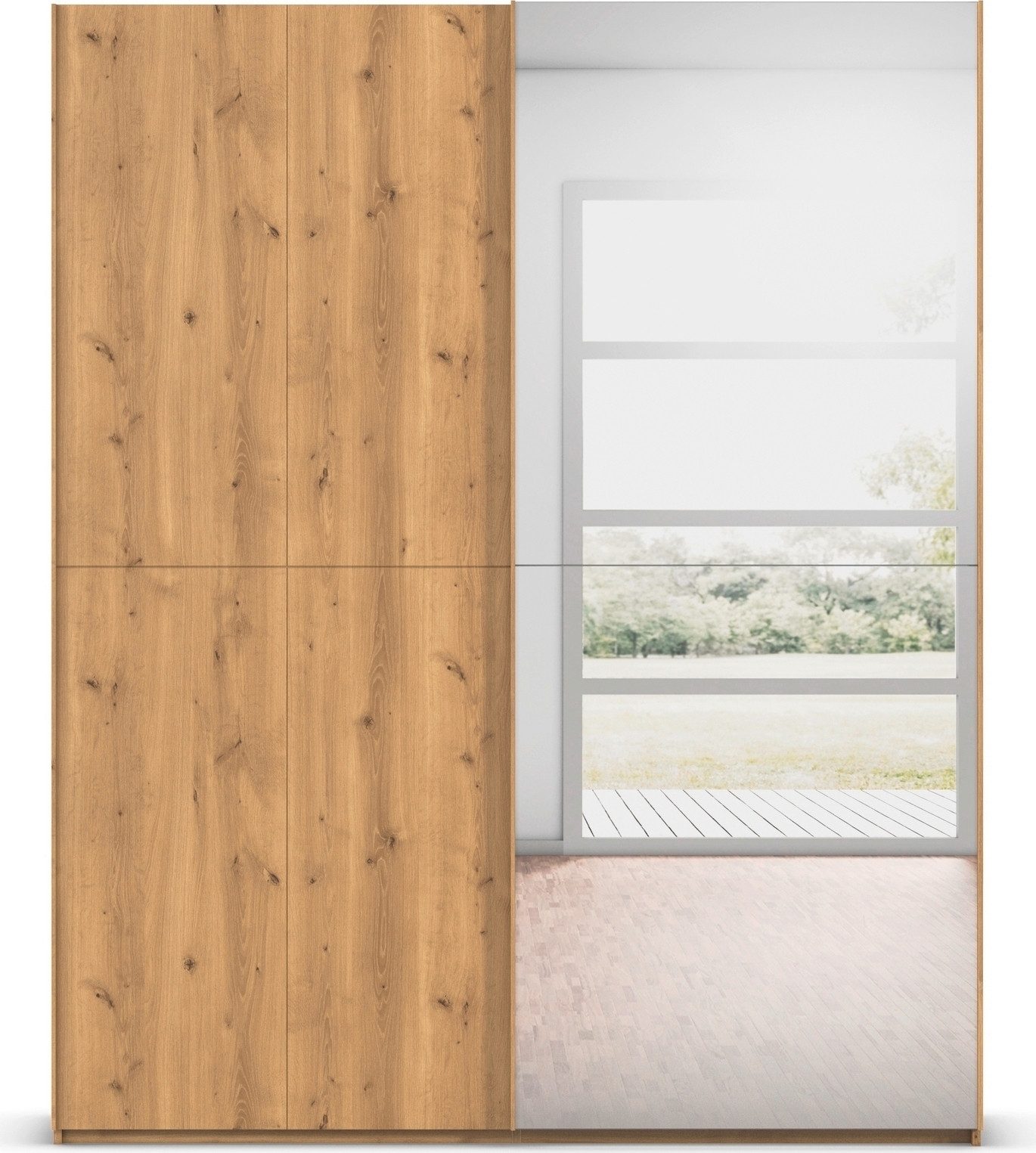 rauch Schwebetürenschrank Kleiderschrank Schrank Garderobe Schlafzimmerschrank SCALE-WOOD edle geteilte Front in massiver Asteiche mit Spiegel MADE IN GERMANY