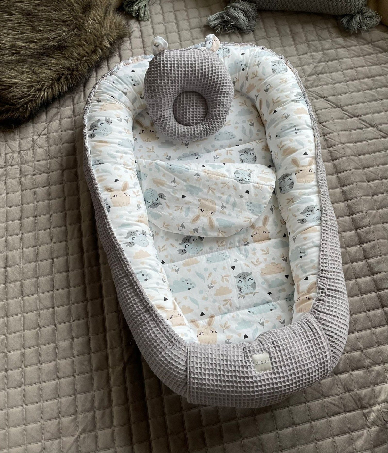 Bettnestchen GRAU Waffelpique/ HASE Beige Weiß BABYNEST Babyausstattung Neugeborene