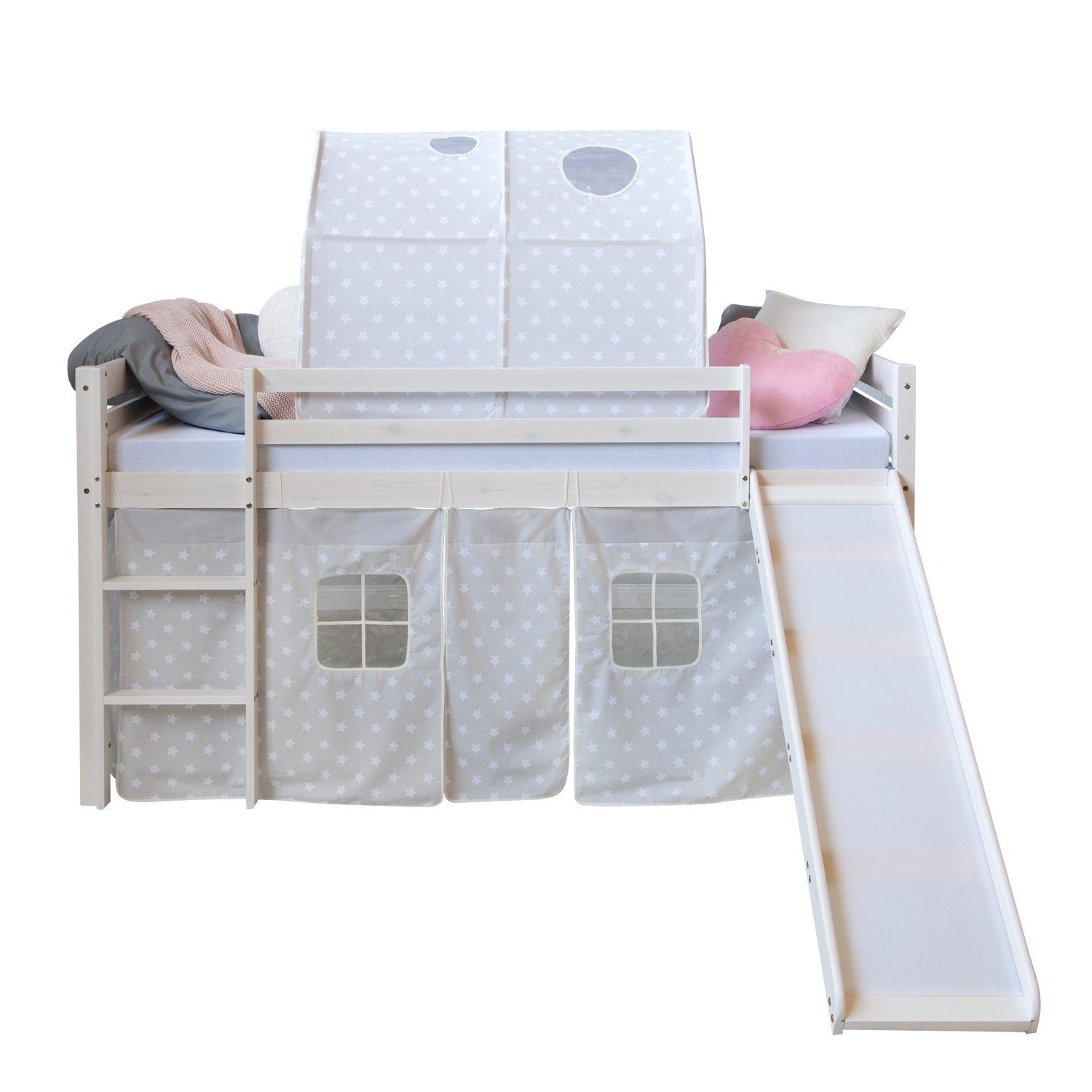Homestyle4u Hochbett 90x200 mit Vorhang Rutsche und Tunnel in Weiß Sterne 1 günstig online kaufen