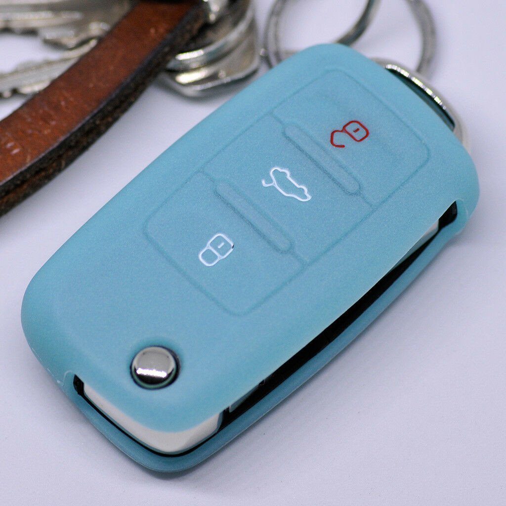 Schutzhülle Silikon Blau, Klappschlüssel Tasten fluoreszierend Softcase Seat 3 VW für Skoda mt-key Autoschlüssel 11/2009 Schlüsseltasche ab