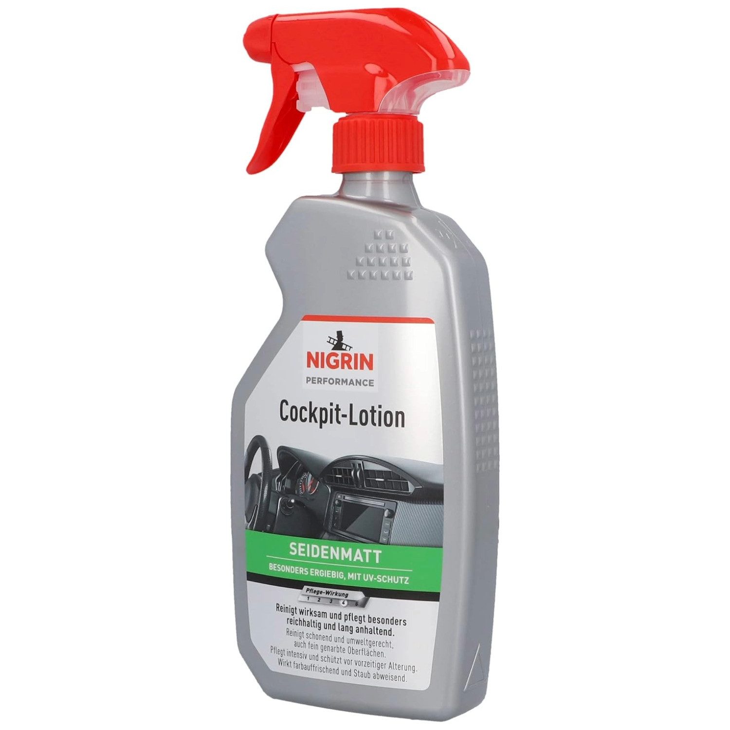 NIGRIN Performance Cockpit-Lotion Seidenmatt 500ml Kunststoffpflegemittel (1x 500ml Sprühflasche), Kunststoff-Pflege Cockpit-Reiniger Reinigung Werterhalt UV-Beständig
