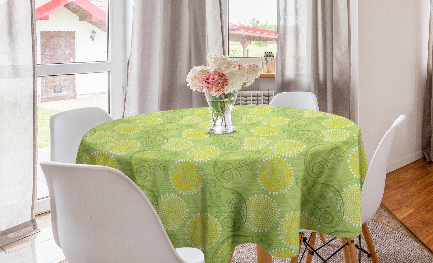 Abakuhaus Tischdecke Kreis Tischdecke Abdeckung für Esszimmer Küche Dekoration, Grün Chameleons Blätter Kreise | Tischdecken