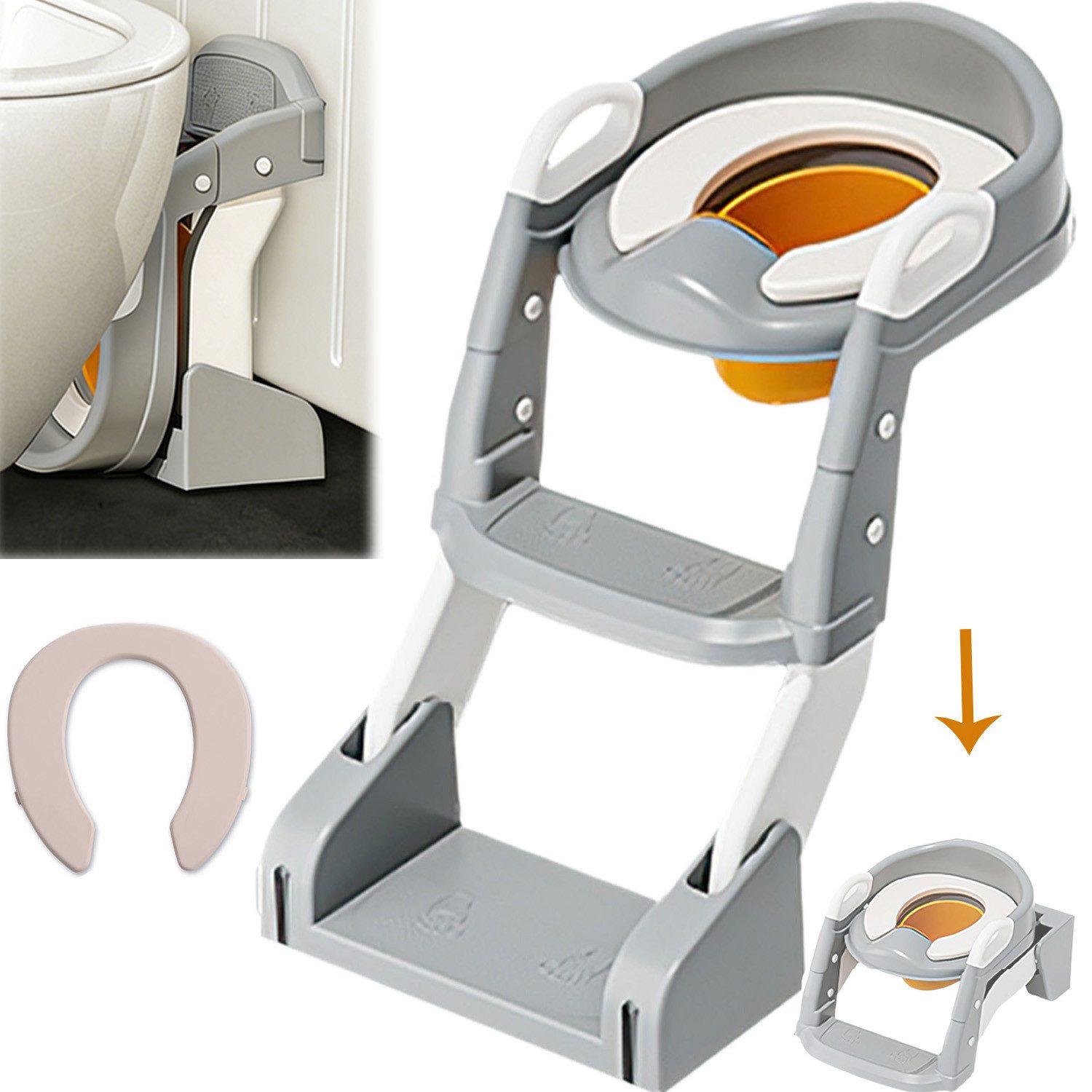 AIMAX Baby-Toilettensitz Kinder mit Treppe Toilettentrainer für Kinder, WC Sitz mit PU Gepolsterter Höhenverstellbar und Faltbar