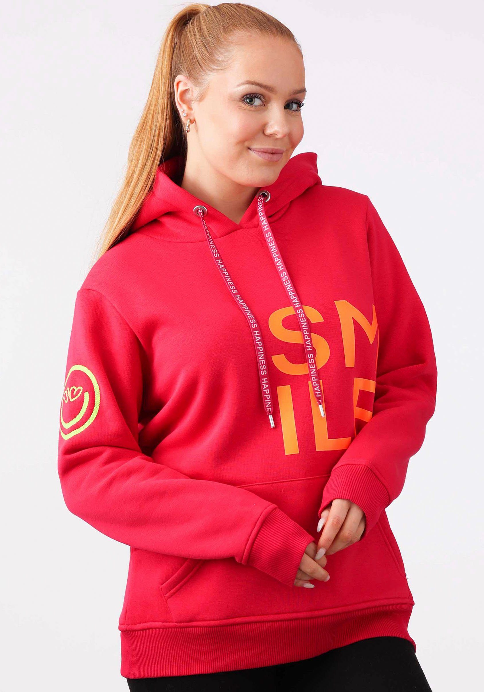 Zwillingsherz Hoodie "Alissa" Langarm, Kapuze, Neon-Details, Kordelzug, Frontprint, Kängurutasche