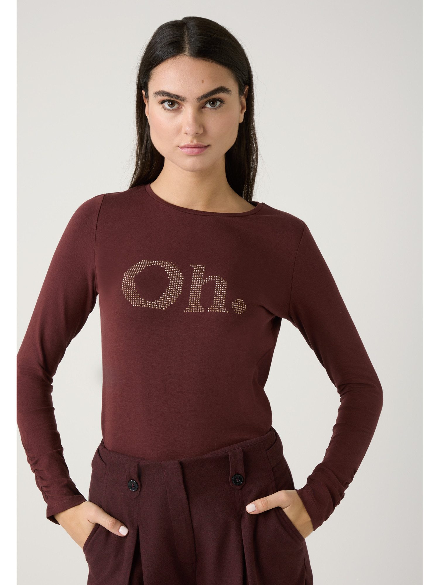 MORE&MORE T-Shirt softes Langarmshirt mit Steinchen-Schrift