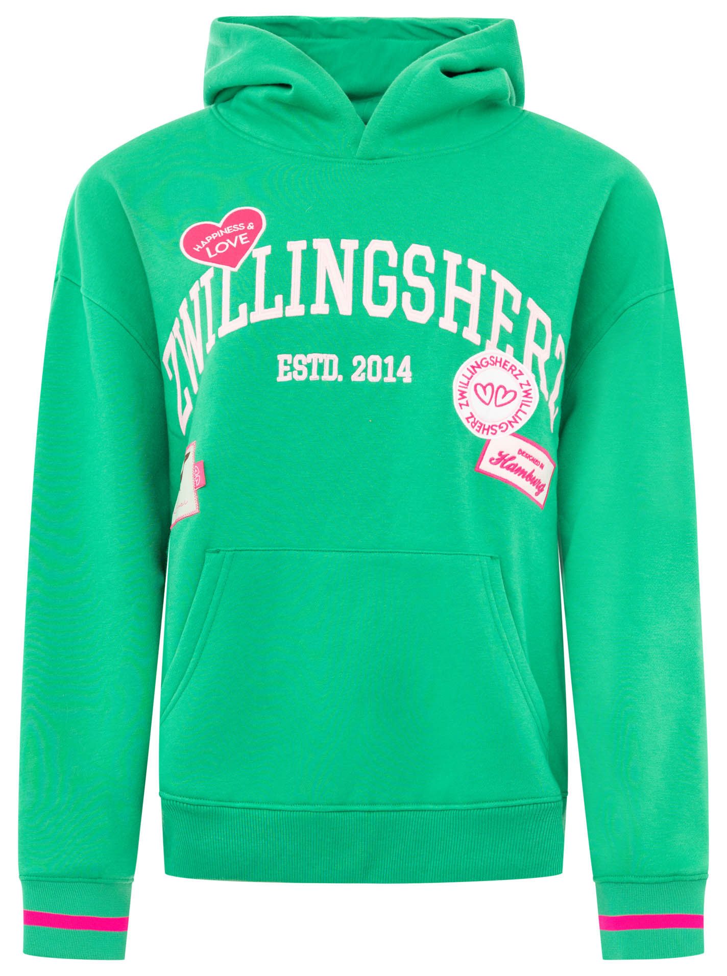 Zwillingsherz Hoodie "Zwillingsherz Patches" Oversize-Fit, Kapuze, großer Schriftzug und Patches, Kängurutasche