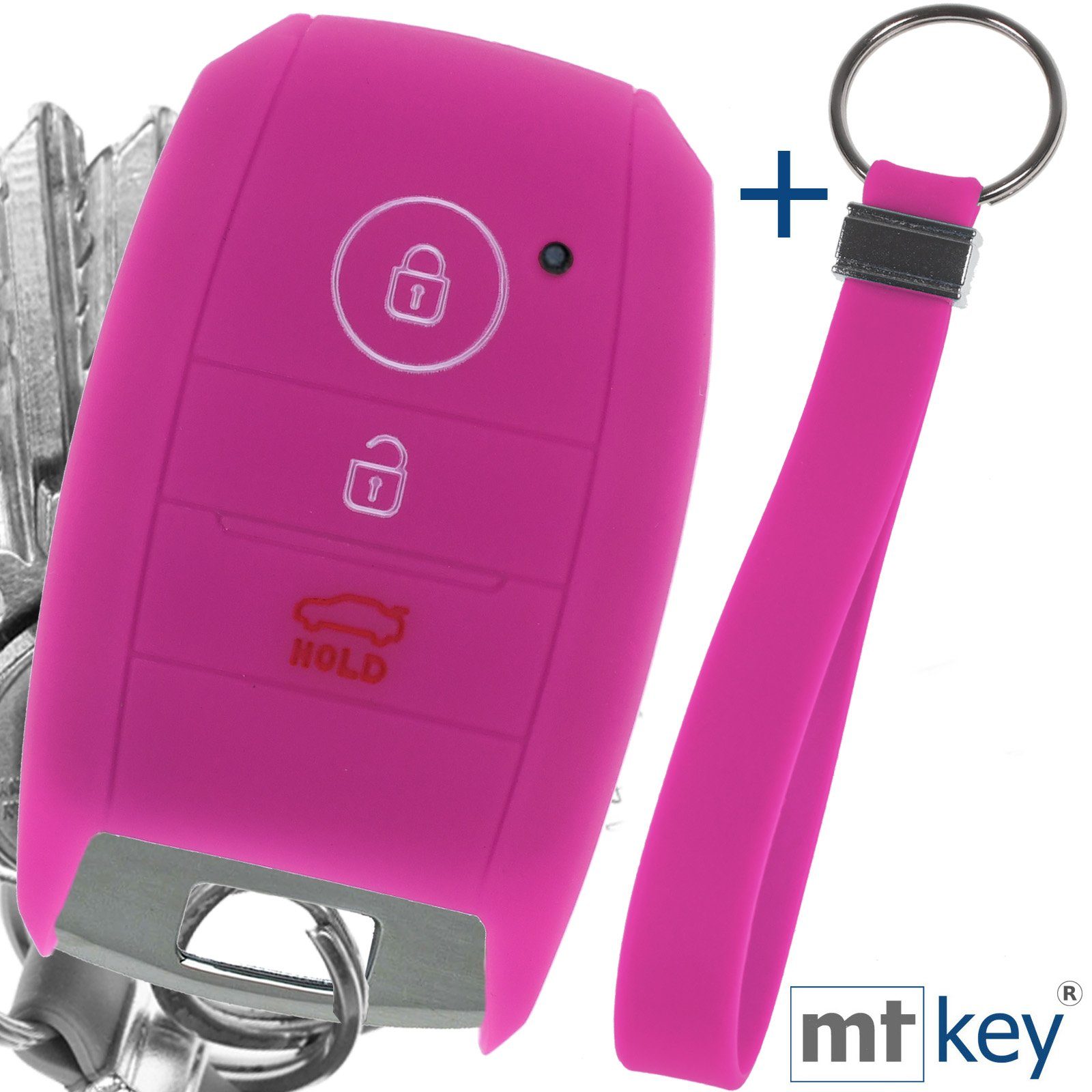 mt-key Schlüsseltasche Autoschlüssel Softcase Silikon Schutzhülle Pink mit Schlüsselband, für KIA Picantio Rio Ceed Soul Sportage Stonic 3 Tasten KEYLESS