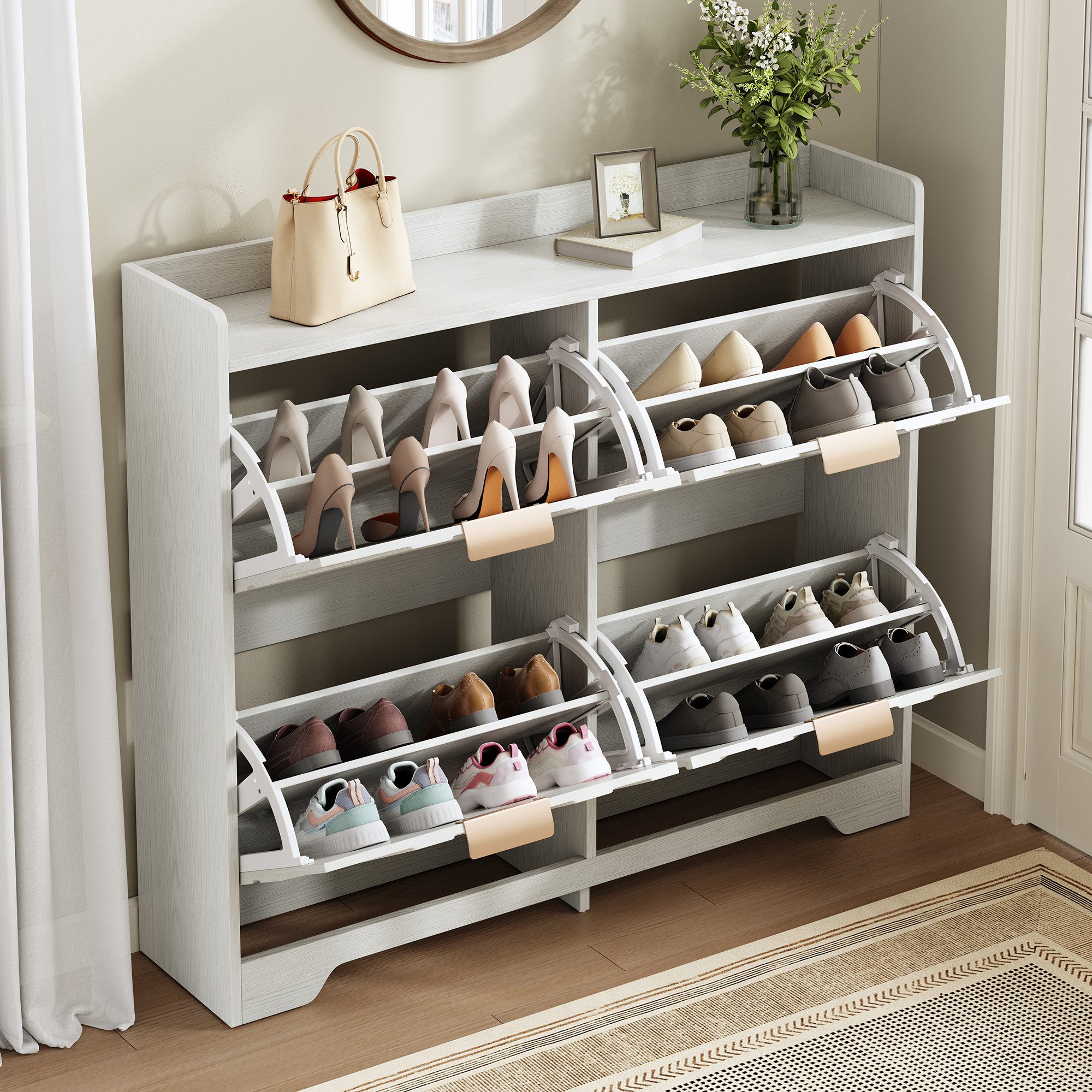 FANNOU Schuhschrank mit 4 Klappfächern, 3D-Strukturfront, 105 x 90 x 24 cm Ablagefläche oben, geräumiger Schuhschrank, platzsparend