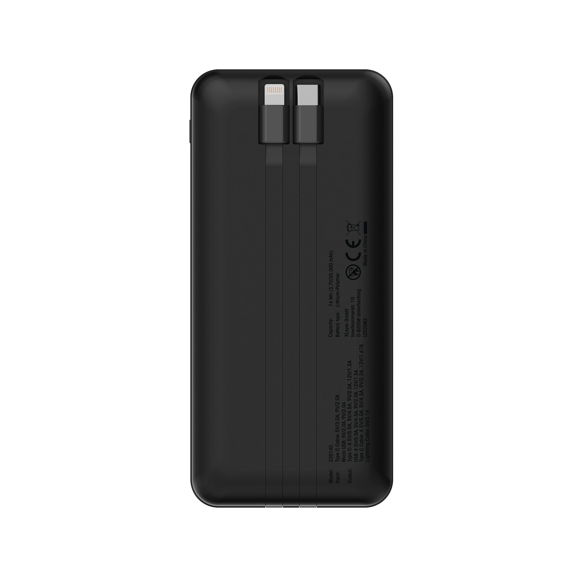 XLAYER Powerbank PD 20W 20.000 mAh integrierte Kabel USB-C und Lightning Powerbank