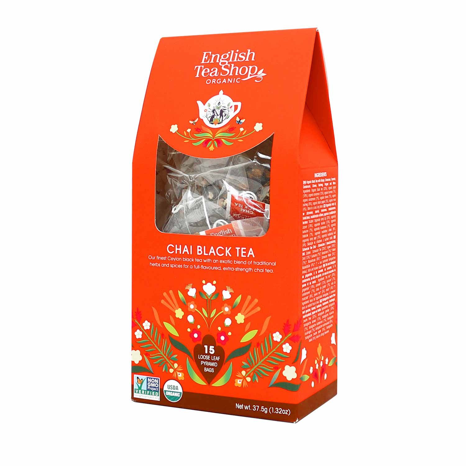 English Tea Shop Tee Schwarzer Tee Chai, BIO, 15 Pyramiden-Beutel in Papierbox