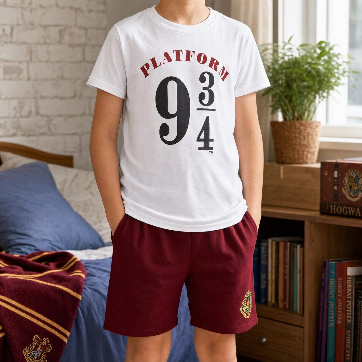 Harry Potter Schlafanzug Harry Potter Platform 9 3/4 kurzarm Pyjama Shirt Shorts Gr. 134 bis 164, Braun oder Weiß 100% Baumwolle – Bild 5 von 5