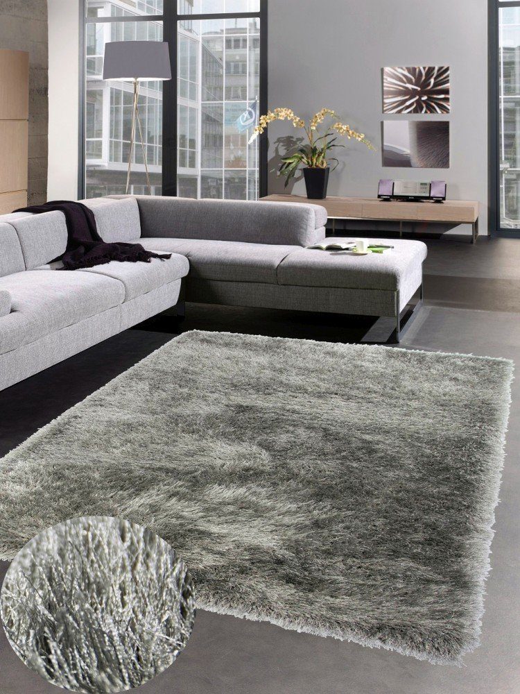 Hochflor-Teppich Shaggy Teppich Hochflorteppich uni grau mit Glitzer,  Carpetia, rechteckig, Höhe: 70 mm