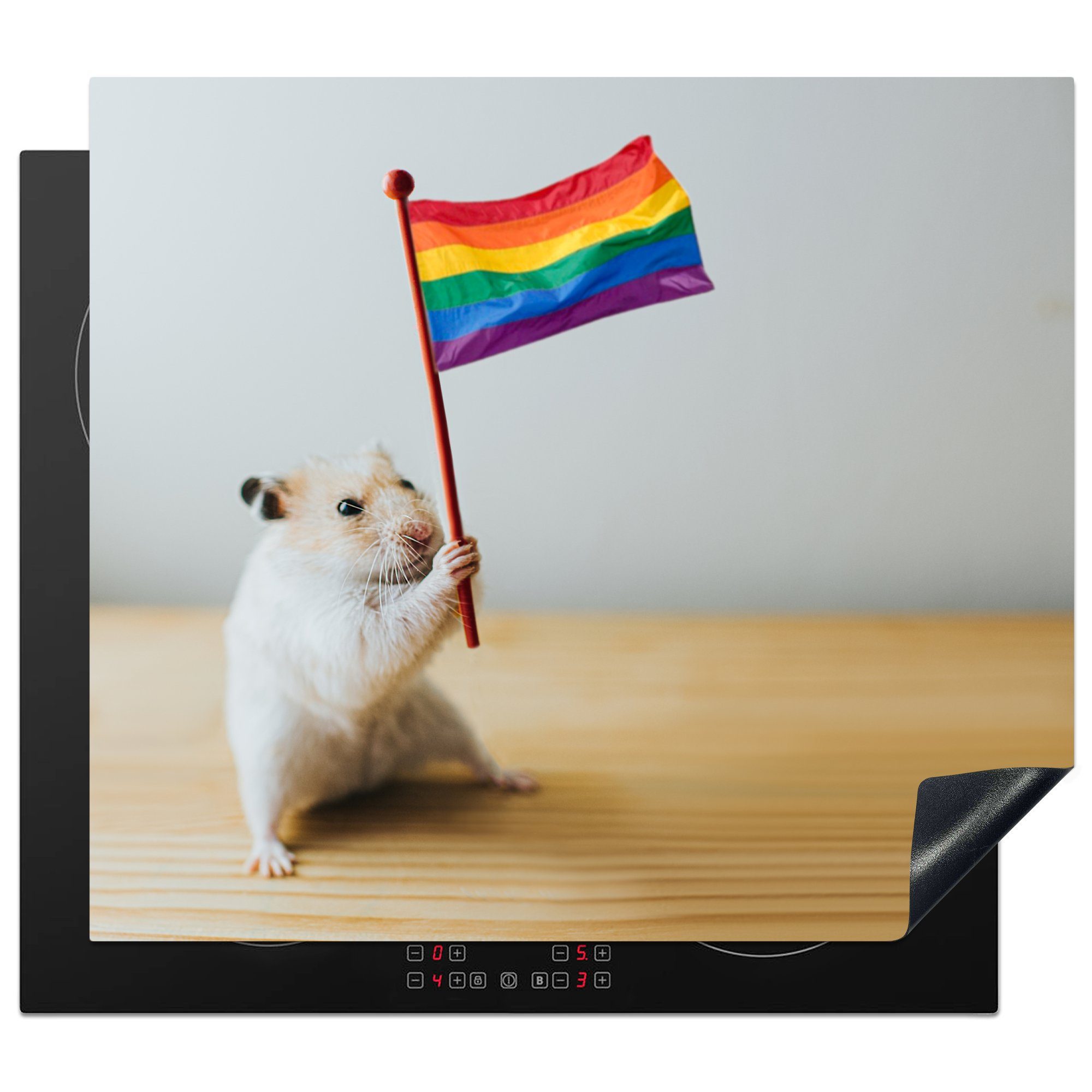 MuchoWow Herdblende-/Abdeckplatte Hamster mit einer Regenbogenflagge, Vinyl, (1 tlg), 59x52 cm, Ceranfeldabdeckung für die küche, Induktionsmatte