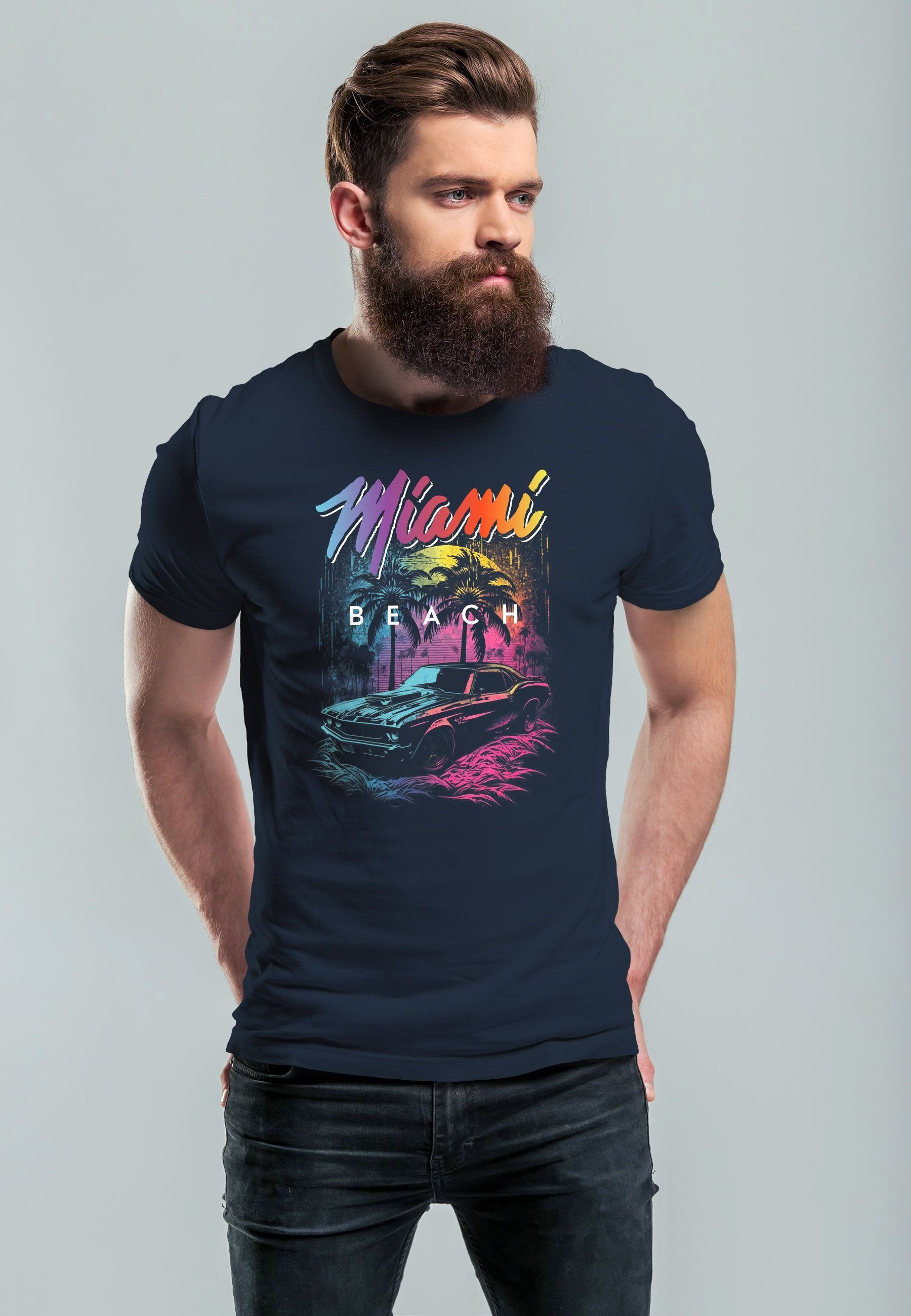 Palmen Miami Beach T-Shirt mit navy Print Print-Shirt Neverless Print Herren Oldtimer Stree USA Car Fashion