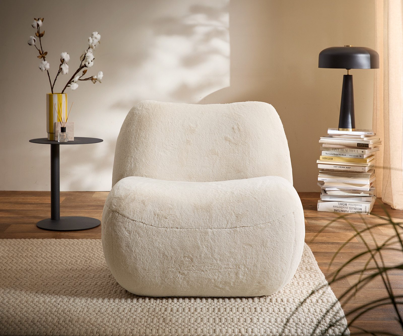 DELIFE Cocktailsessel Zena, Plüsch Creme-Weiß 75x85 cm Loungesessel