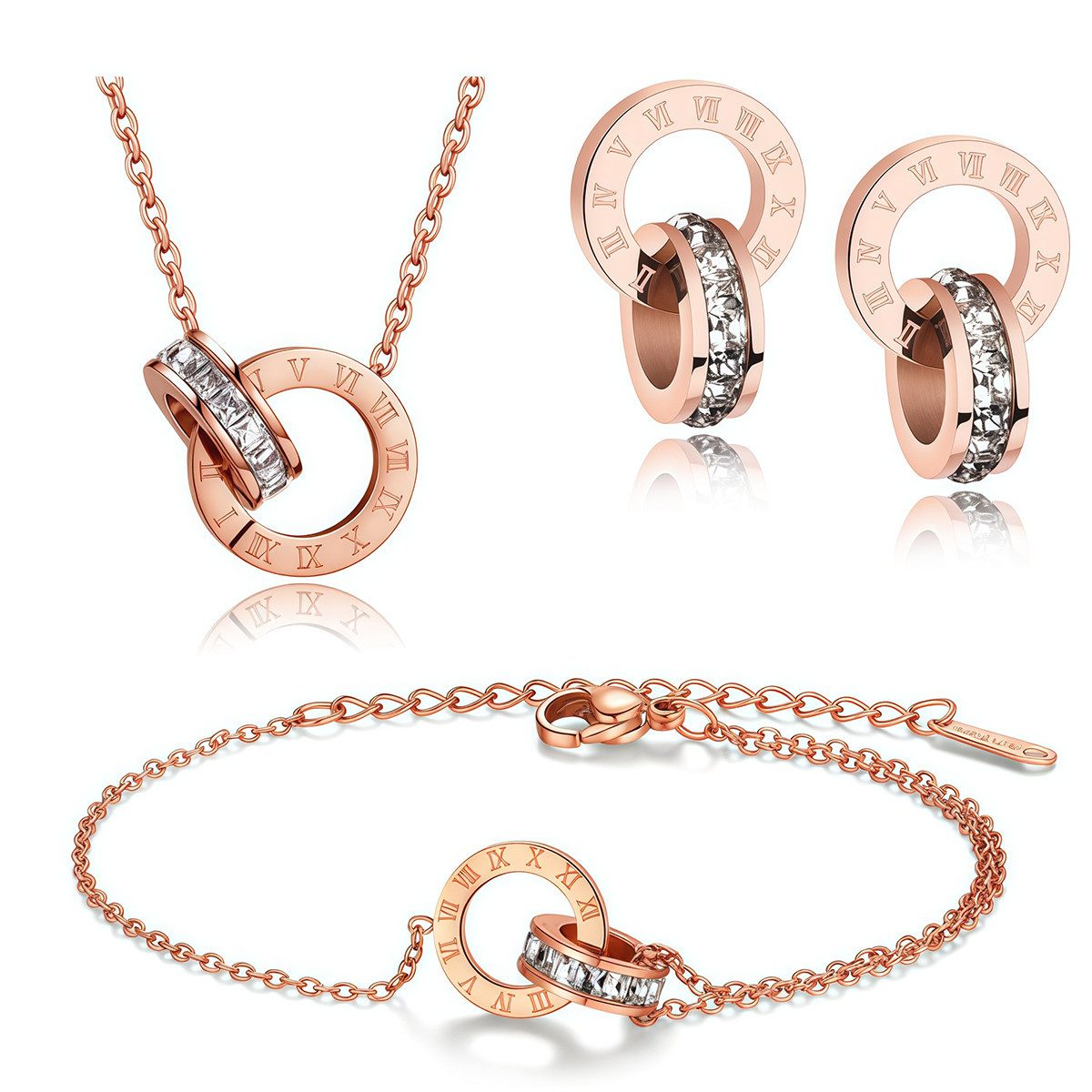 MOPUEA Schmuckset Rosegold Halskette Armband Ohrstecker 3-tlg für Damen und Mädchen (Set, 3-tlg., Perfektes Geschenk für besondere Anlässe), Doppelkreis-Schmuckset mit römischen Ziffern