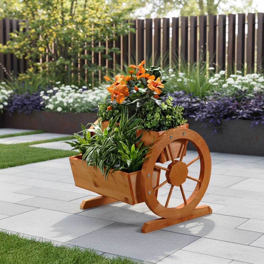 Melko Pflanzkübel Pflanzkübel Wagenräder Holz Garten Blumentrog Dekoration (Stück, 1 St., Pflanzkübel), Zum Aufstellen auf dem Boden, einer Mauer oder einem Gartentisch