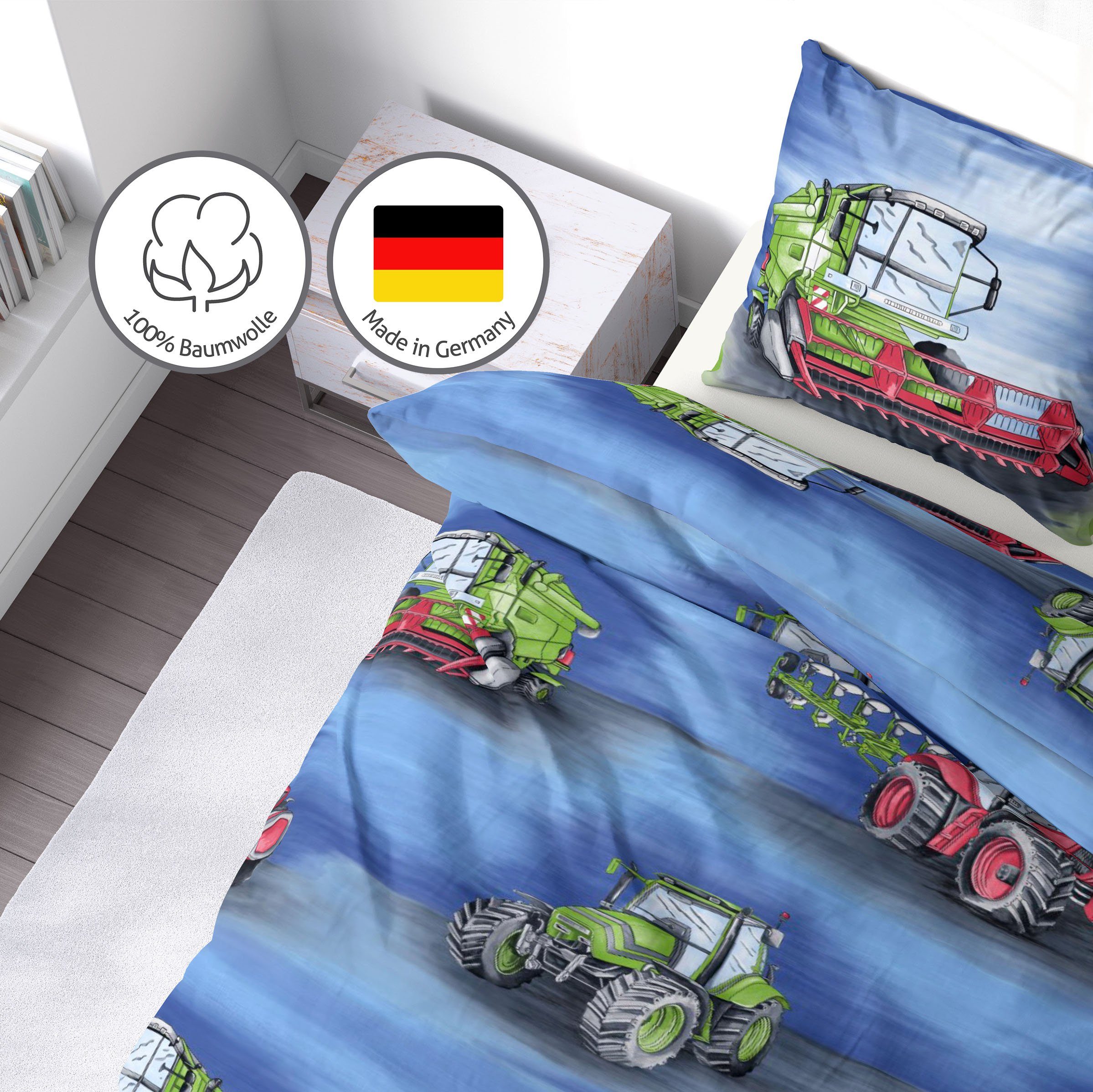 LINKHOFF Kinderbettwäsche Traktor Bettwäsche 135x200 für Jungen 2tlg. – Traktoren & Mähdrescher, Biber Bettwäsche-Set, Trecker Kinderbettwäsche, 100% Baumwolle – Bild 4 von 5